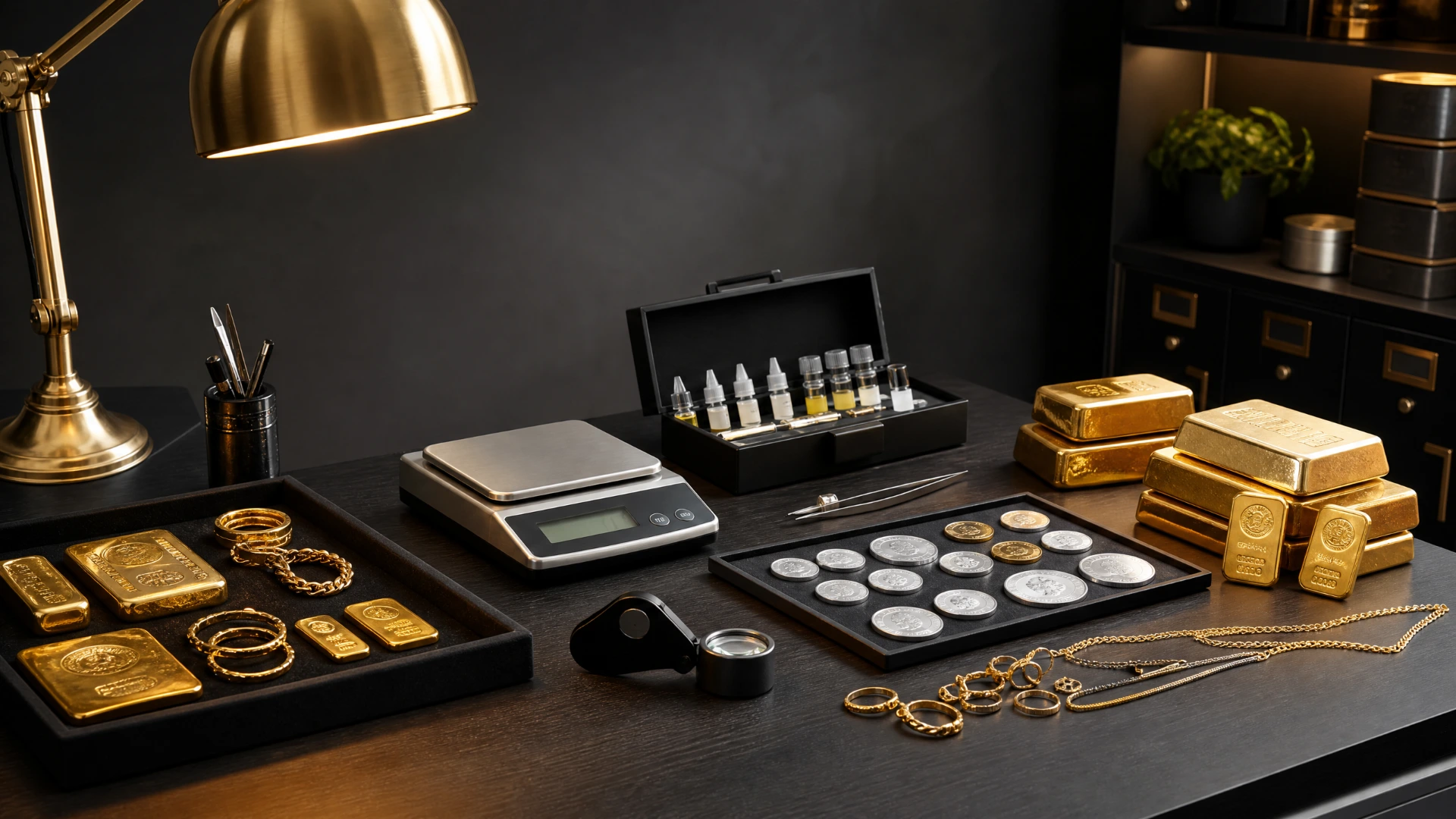 Clean professional precious metals evaluation workspace with gold bars, silver coins, testing equipment and jewelry