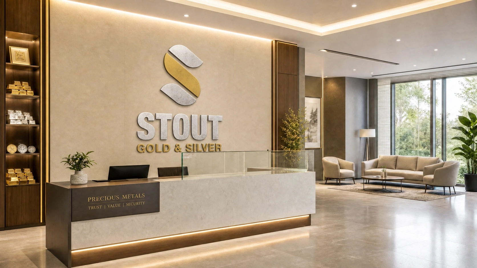 Stout Gold & Silver Office Interior with Logo