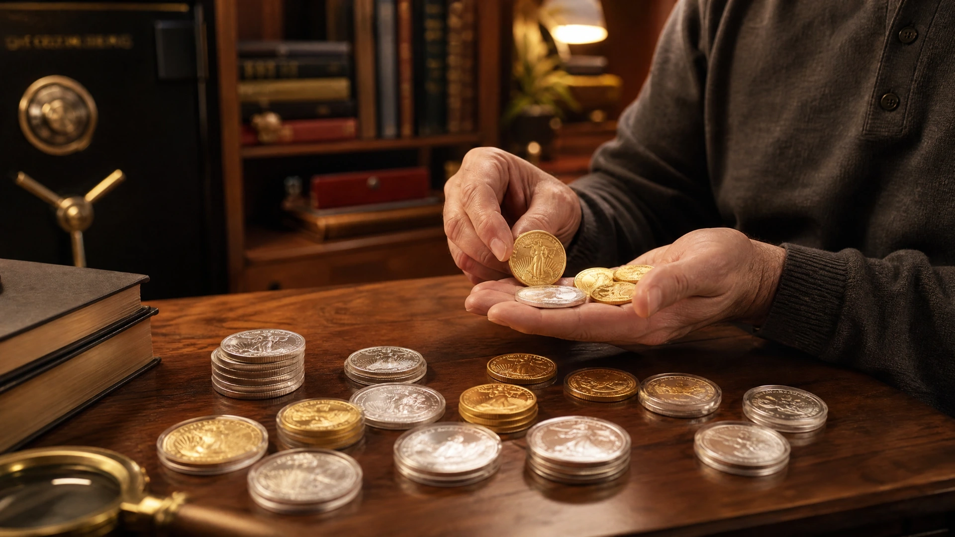 A person examining gold and silver coins on a wooden desk with a safe in the background
