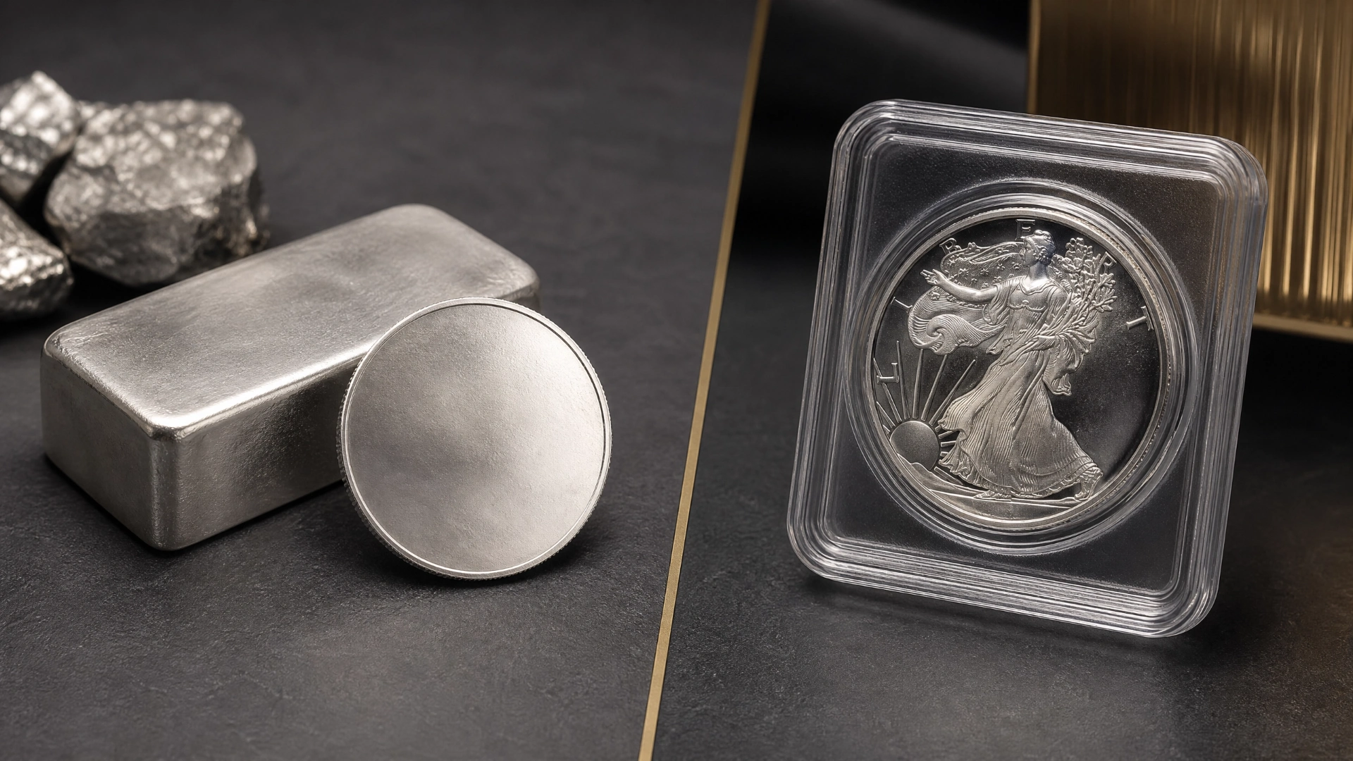 Editorial comparison of plain silver bullion and a certified collectible silver coin