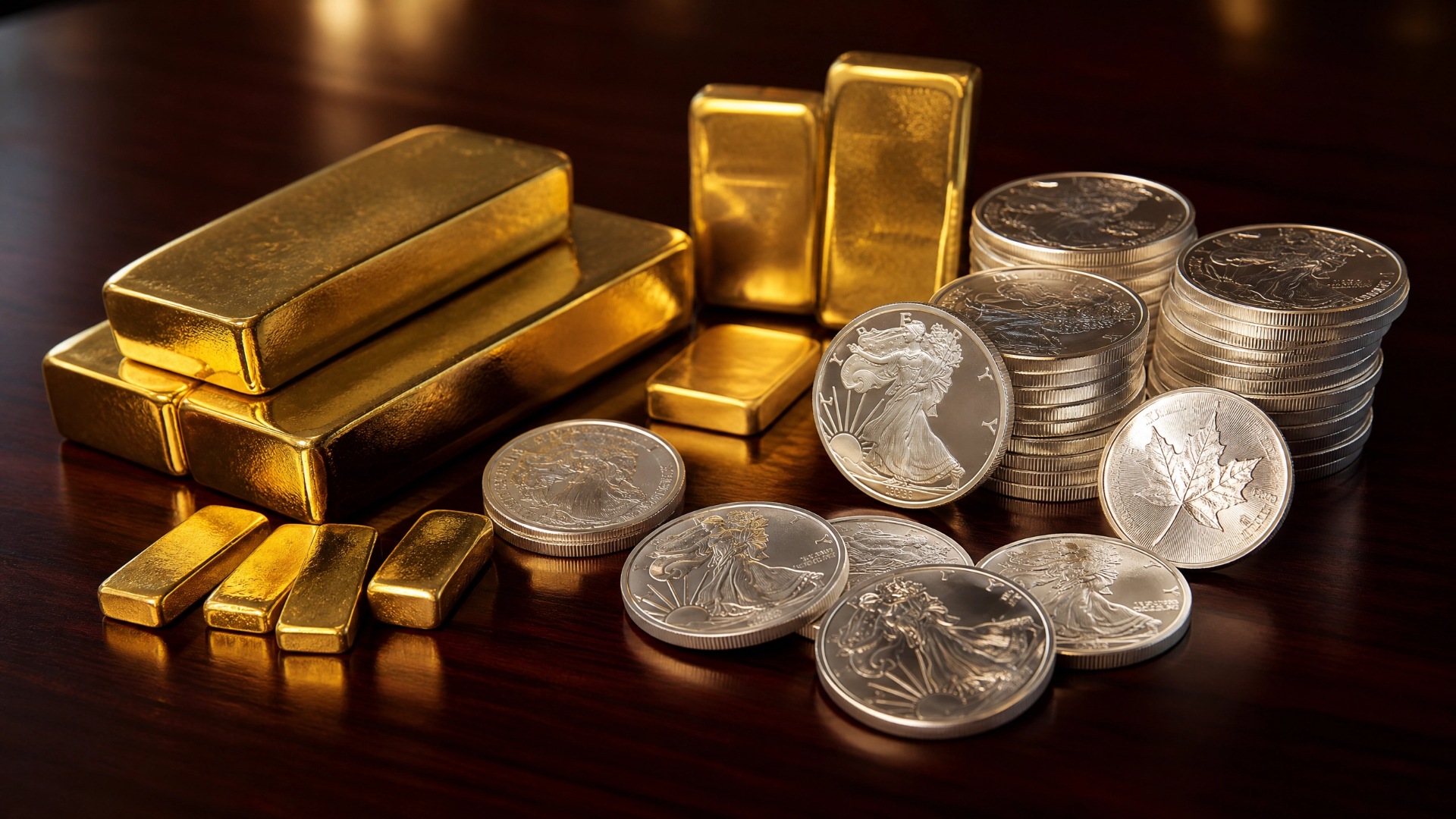 A collection of gold and silver bullion coins and bars arranged neatly on a surface.