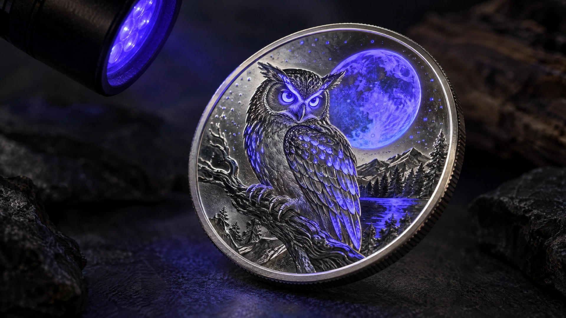 Generic silver collectible coin with selected artwork glowing under ultraviolet light