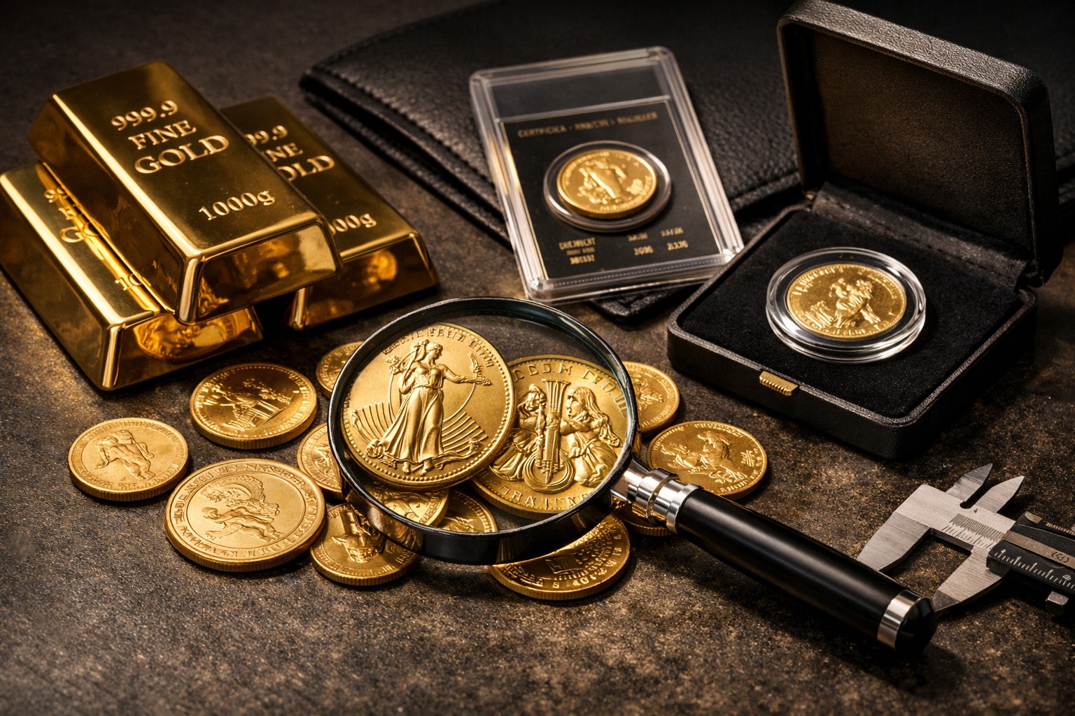 A collection of gold coins and bars alongside a magnifying glass, symbolizing wealth and careful examination of assets.