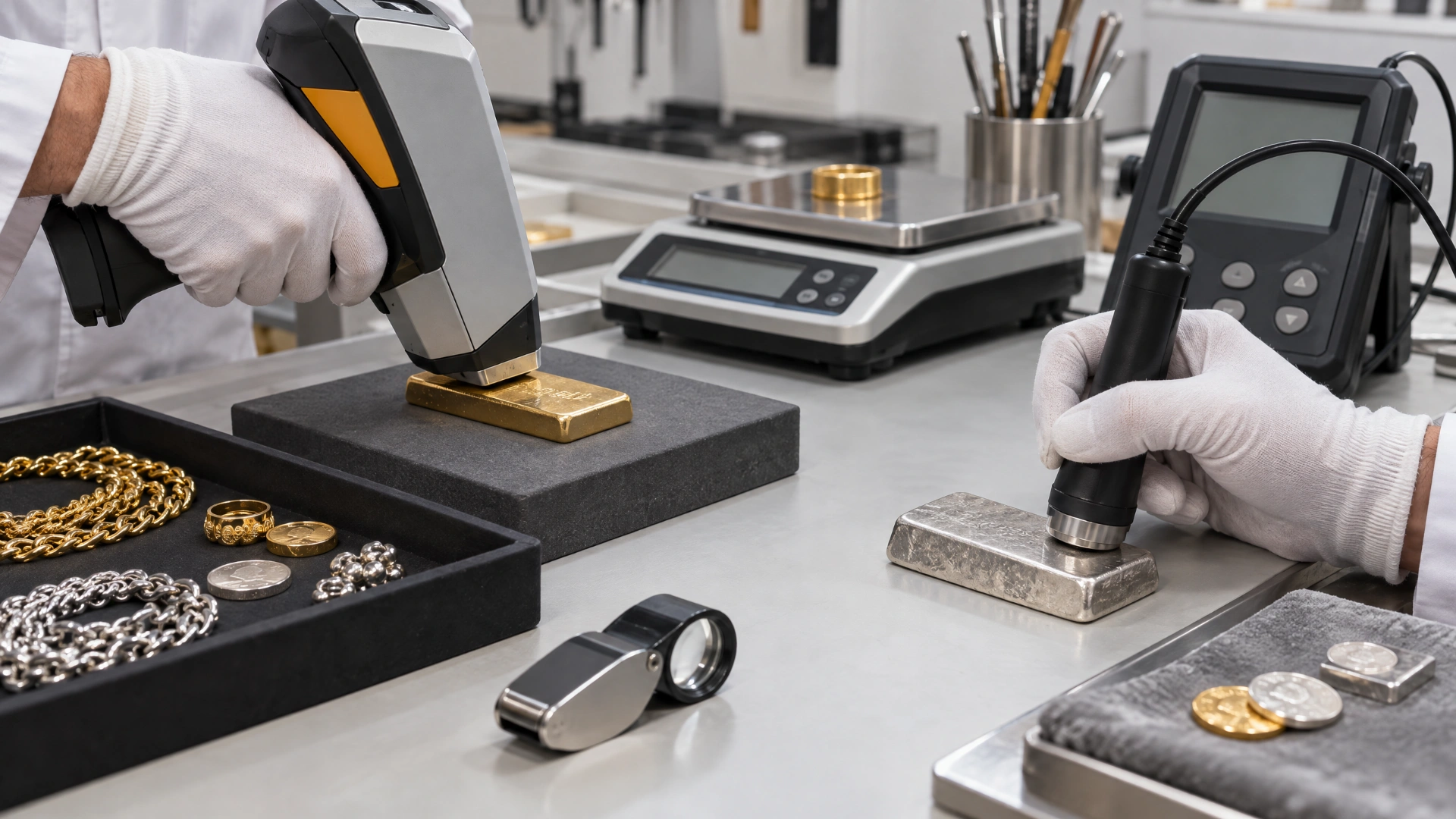 A technician using XRF and ultrasound equipment to test precious-metal items at a workbench