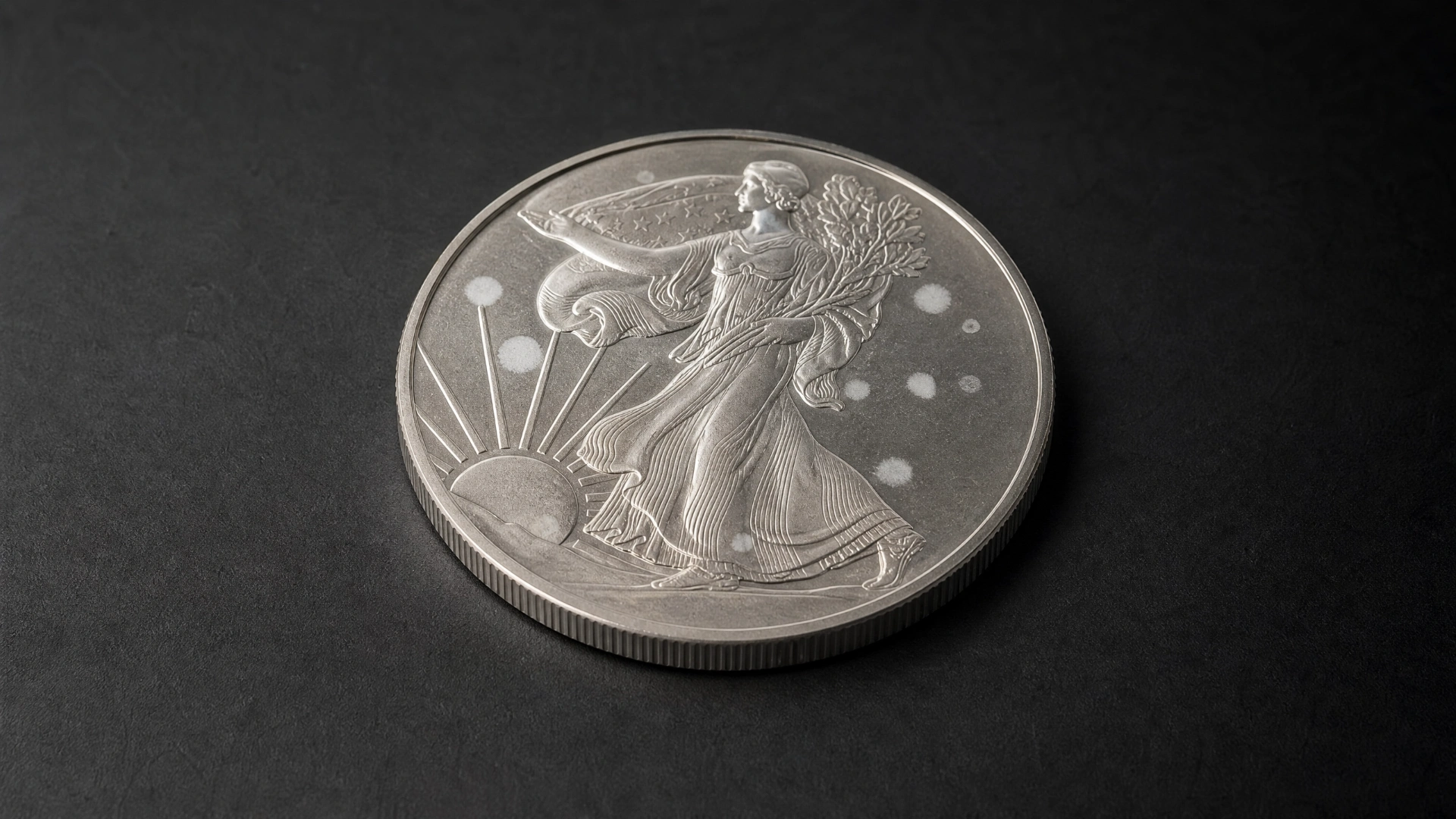 Modern silver bullion coin with opaque white milk spots on its surface