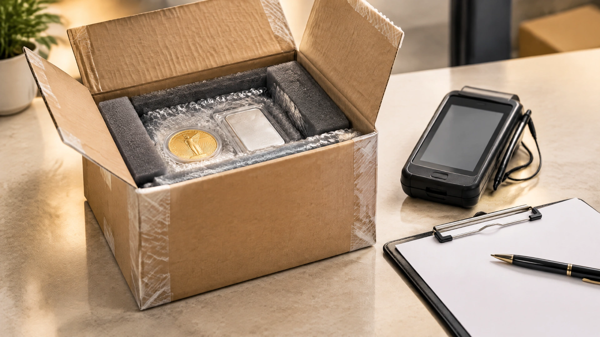 Protectively packed bullion in an unbranded shipping box beside a signature device
