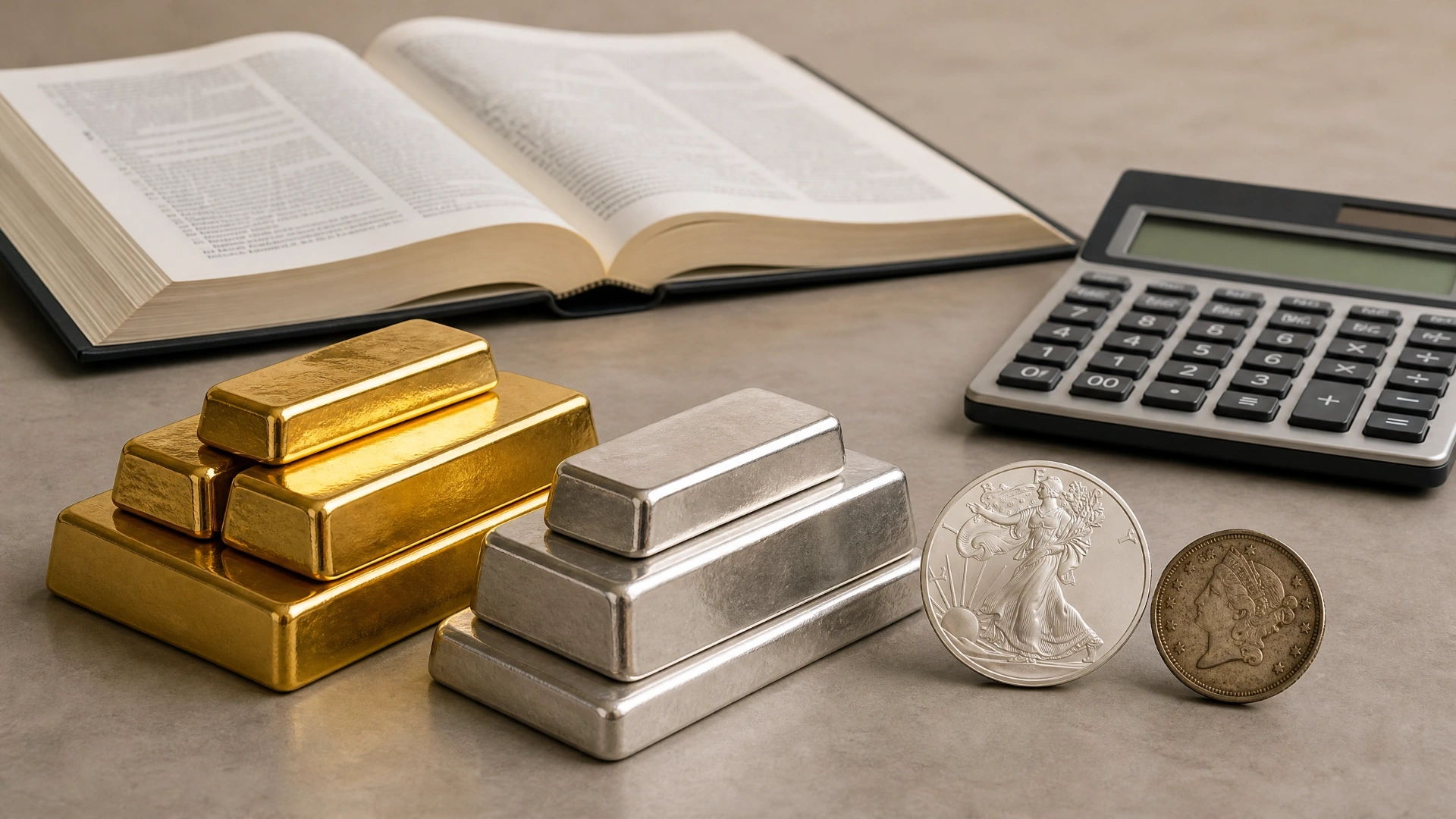 Gold and silver bullion, coins, a calculator, and an open tax code book on a counter