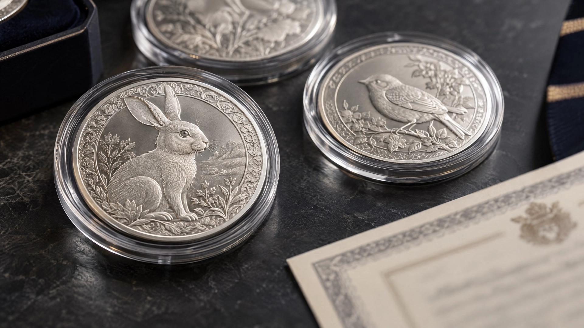 Finished silver collectible coins in protective capsules, showing original generic relief designs