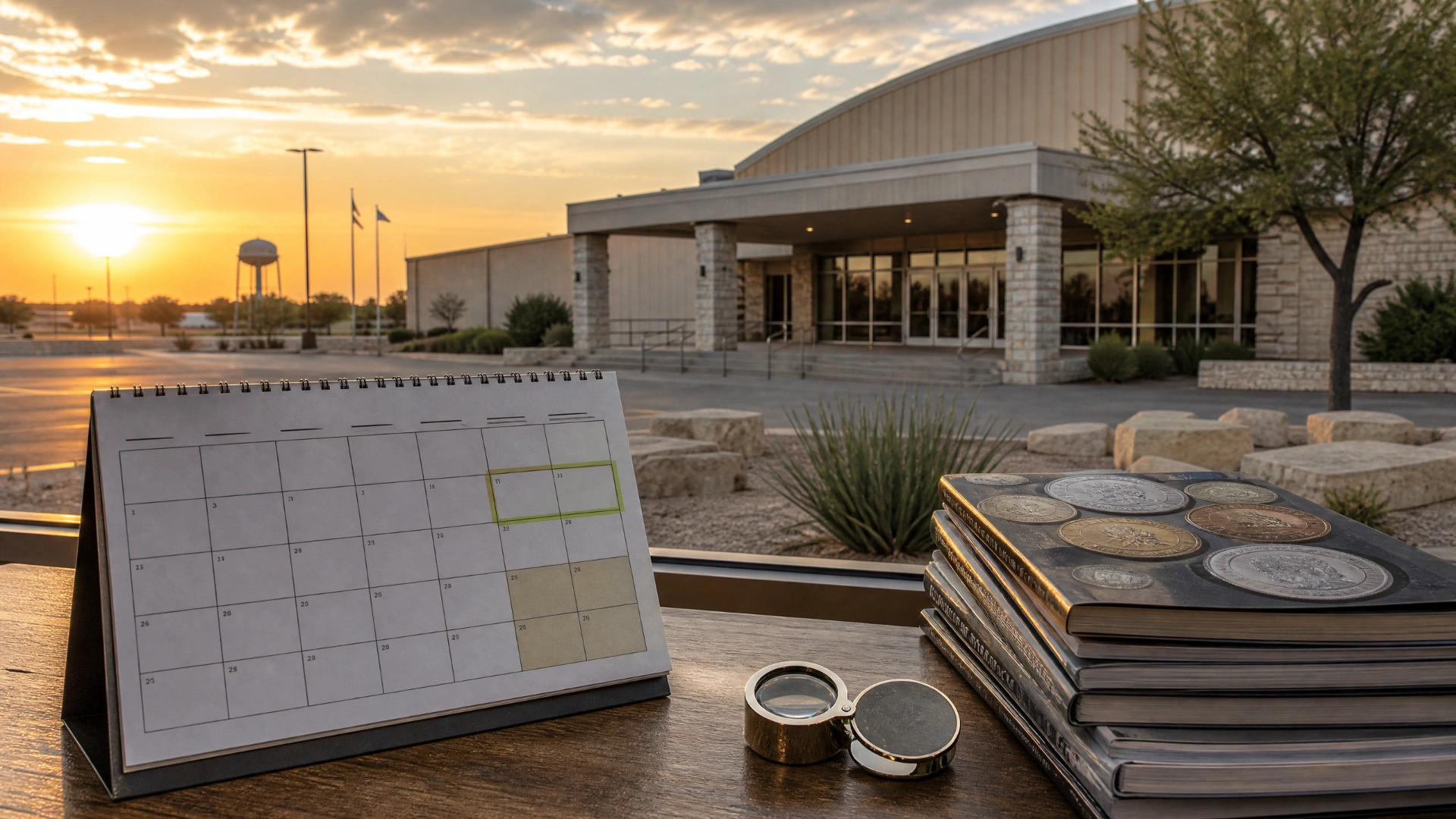 A West Texas civic-center style venue at sunset with a calendar, coin catalogs, and a loupe in the foreground