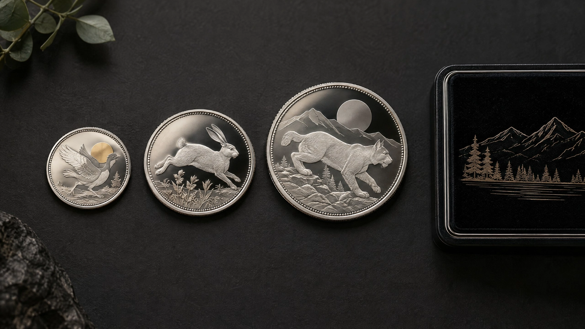 A comparison of three differently sized finished silver collectible coins