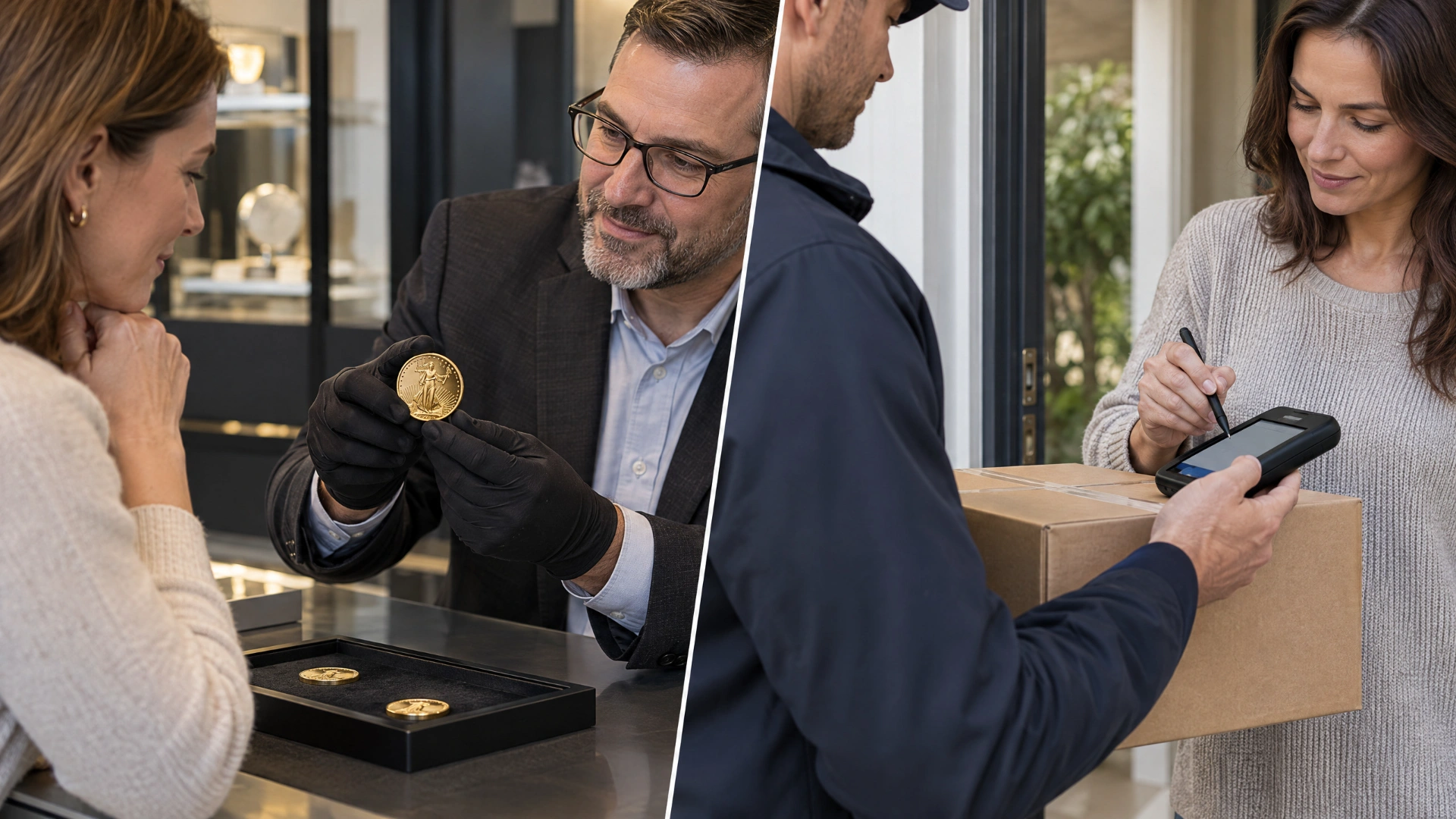 A customer examining a gold coin at a shop counter alongside a signed parcel handoff at a home
