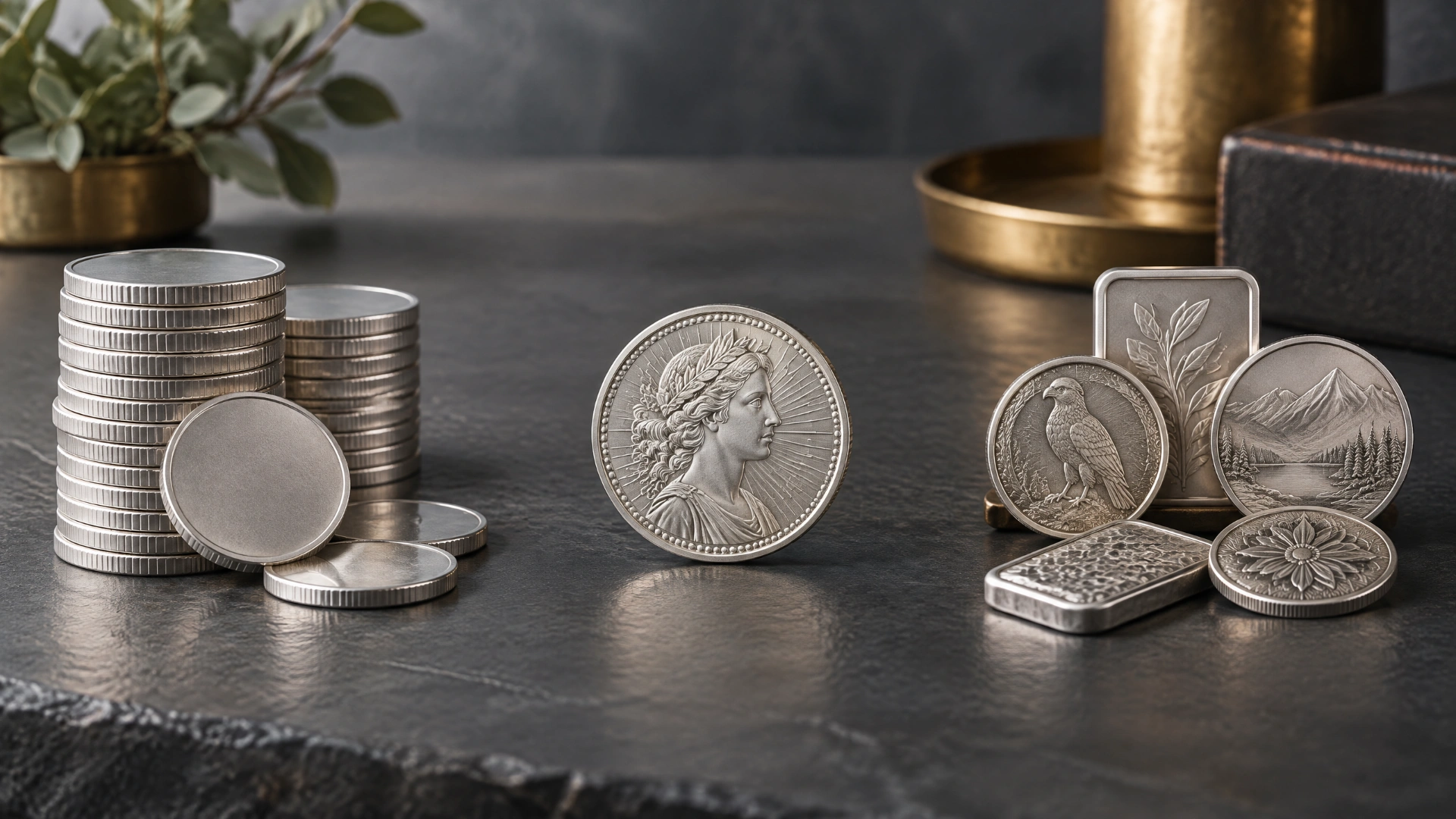 Stacks of generic silver rounds, a sovereign-style coin and a curated group of silver pieces representing different goals