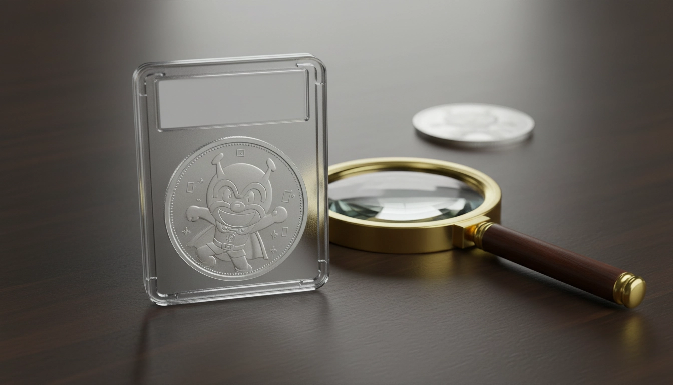 Disney-themed coin in a professional grading capsule with magnifying glass nearby