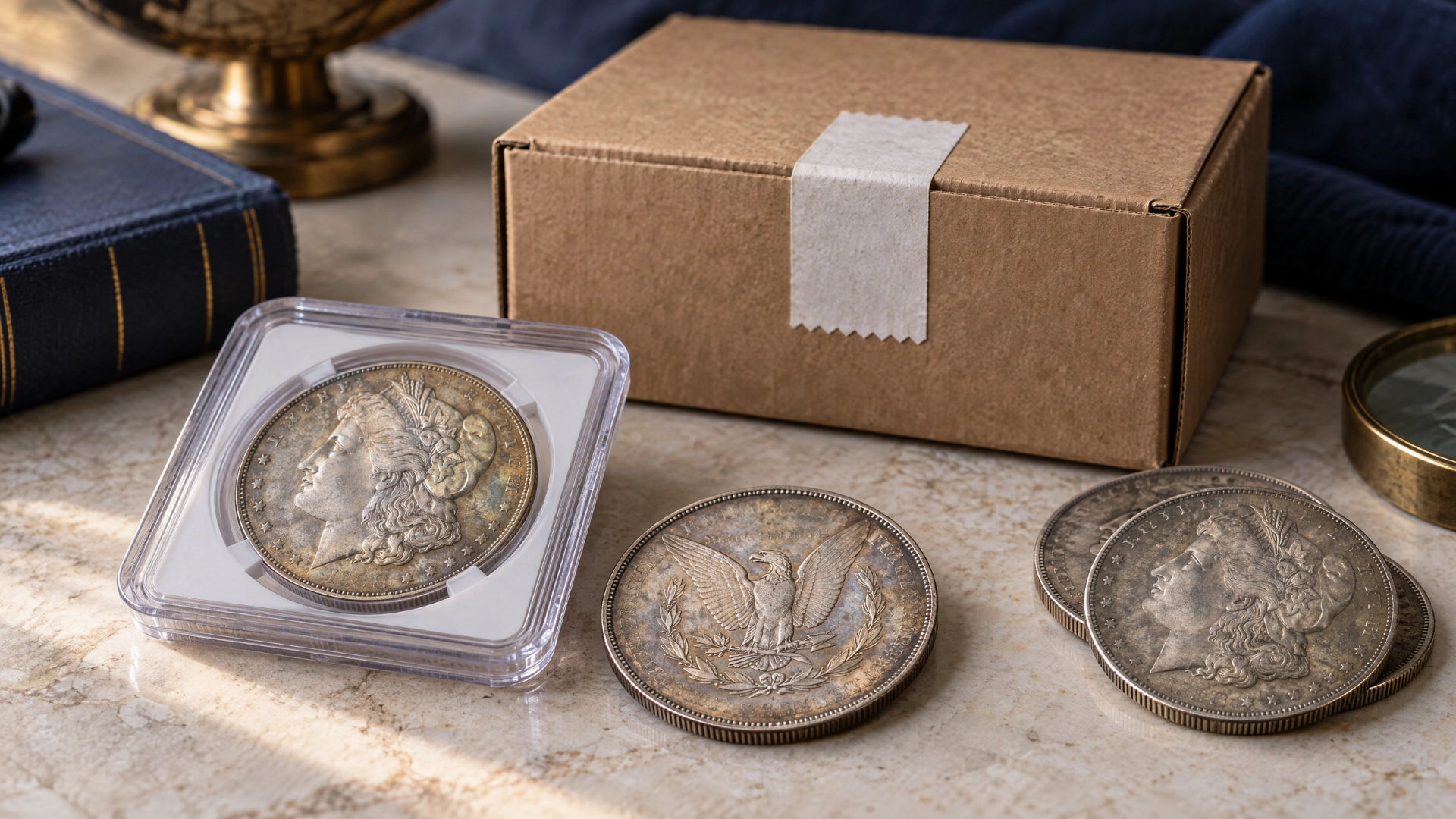 A sealed presentation box beside realistic Morgan silver dollars, including a coin in a clear grading holder