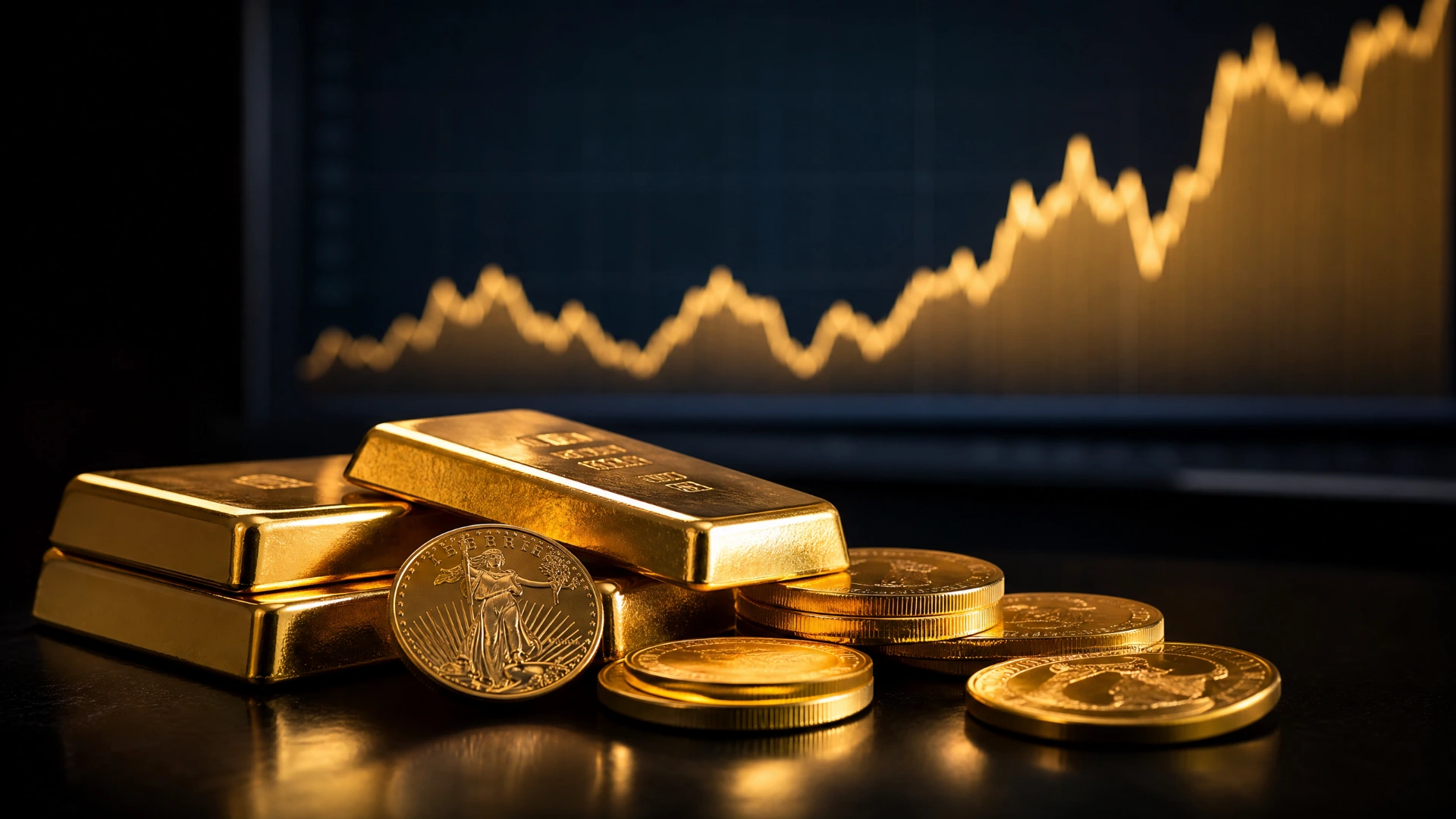 Gold bullion bars and coins in front of an upward-trending market price chart, representing the gold spot price