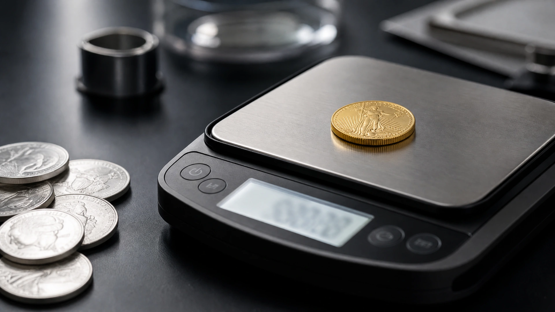 A gold coin weighed on a calibrated digital scale, the preferred way to measure precious metals in grams or troy ounces