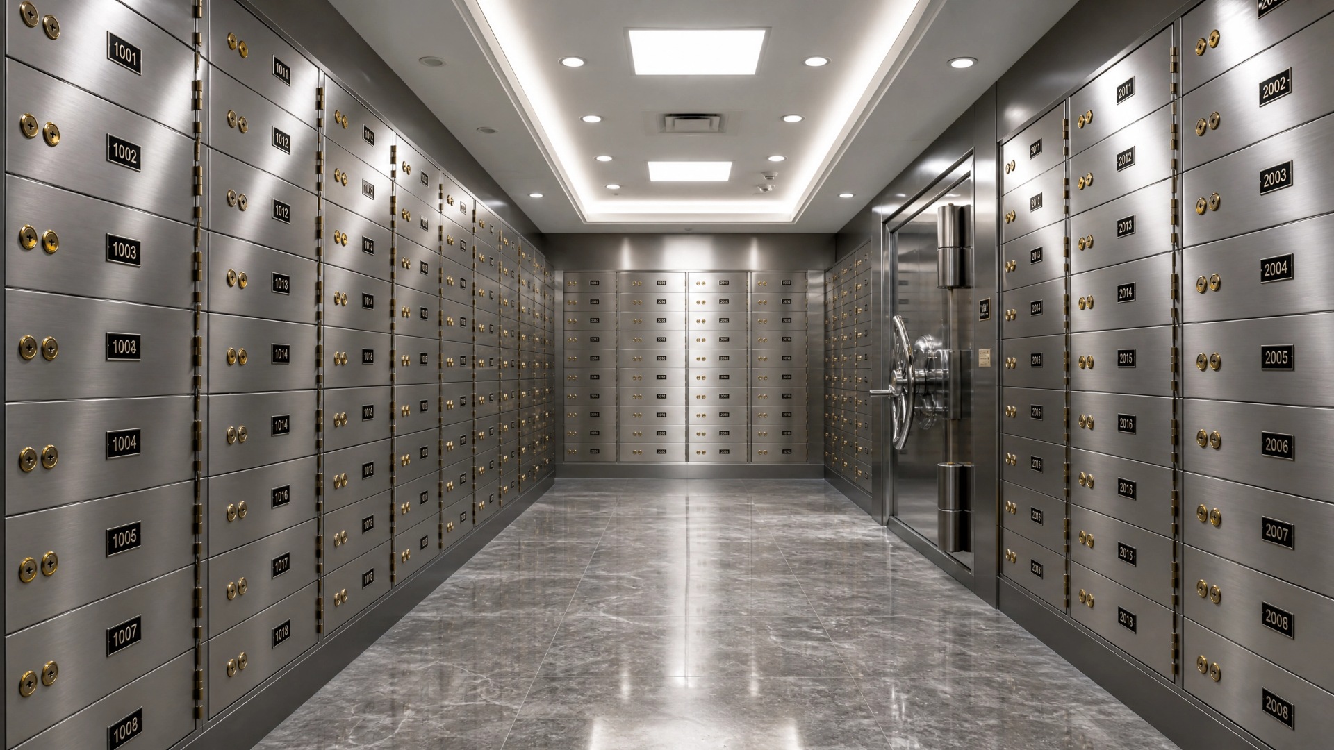 A long hallway lined with numerous metal lockers, creating a symmetrical and organized appearance.