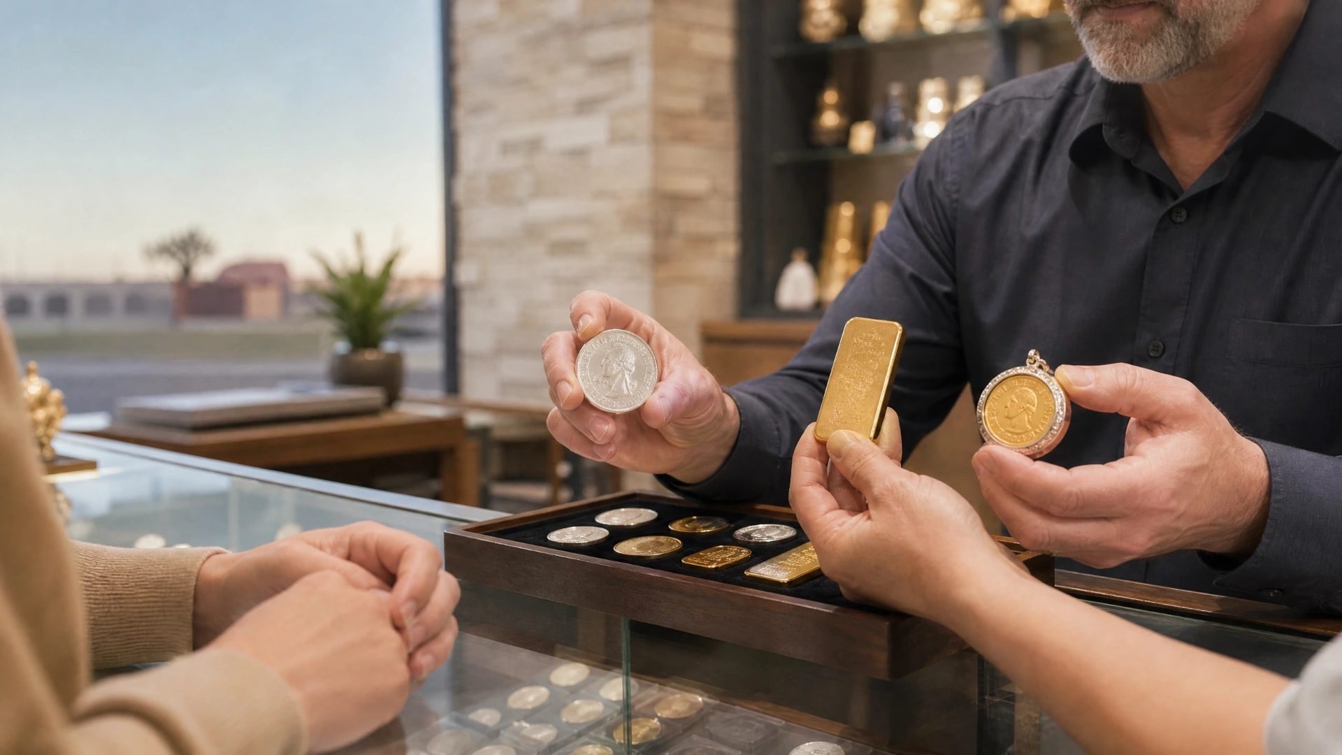 Dealer and customer examining loose coins and bullion at a precious-metals counter