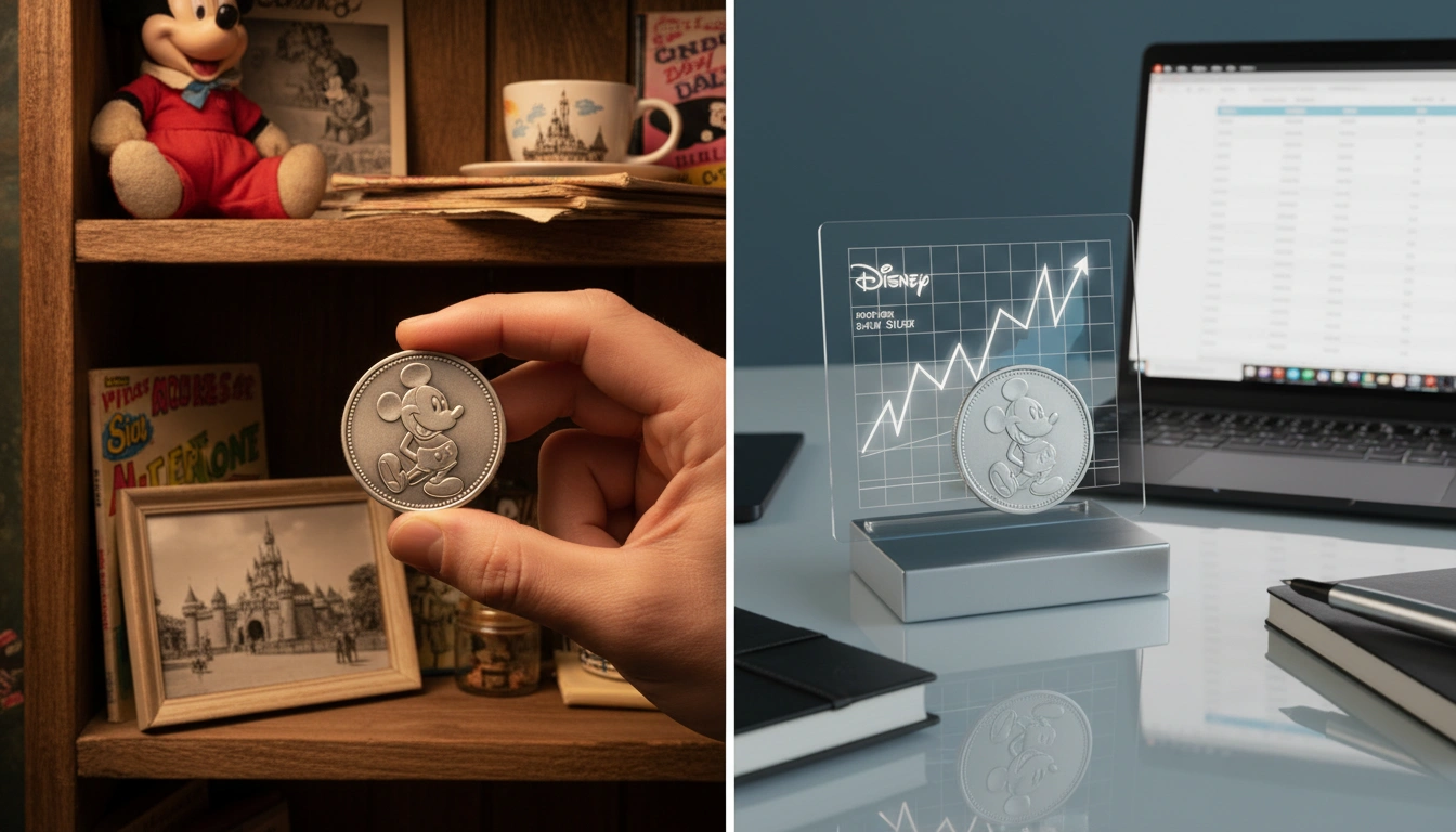 Collector holding a Disney coin alongside an investor scene with precious metal charts