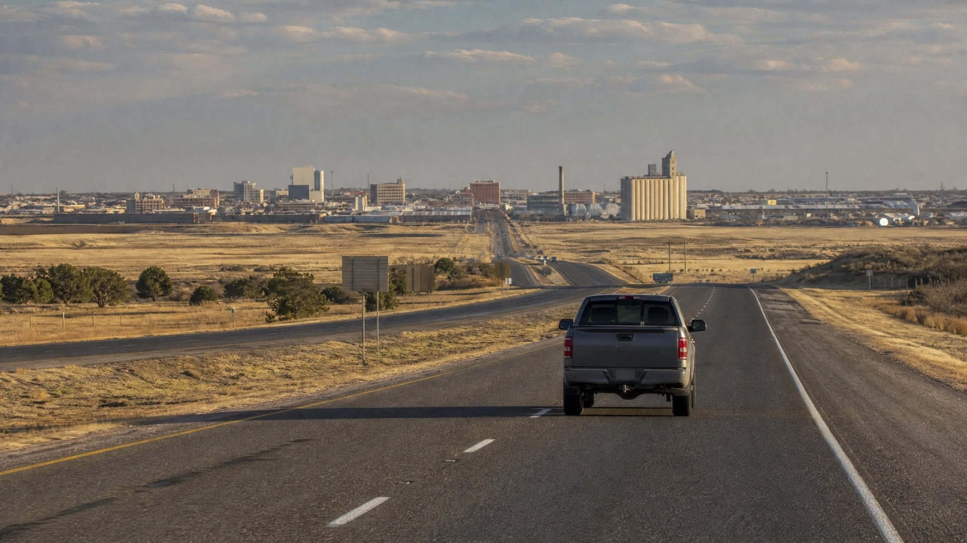 Pickup truck traveling toward Amarillo across the West Texas High Plains