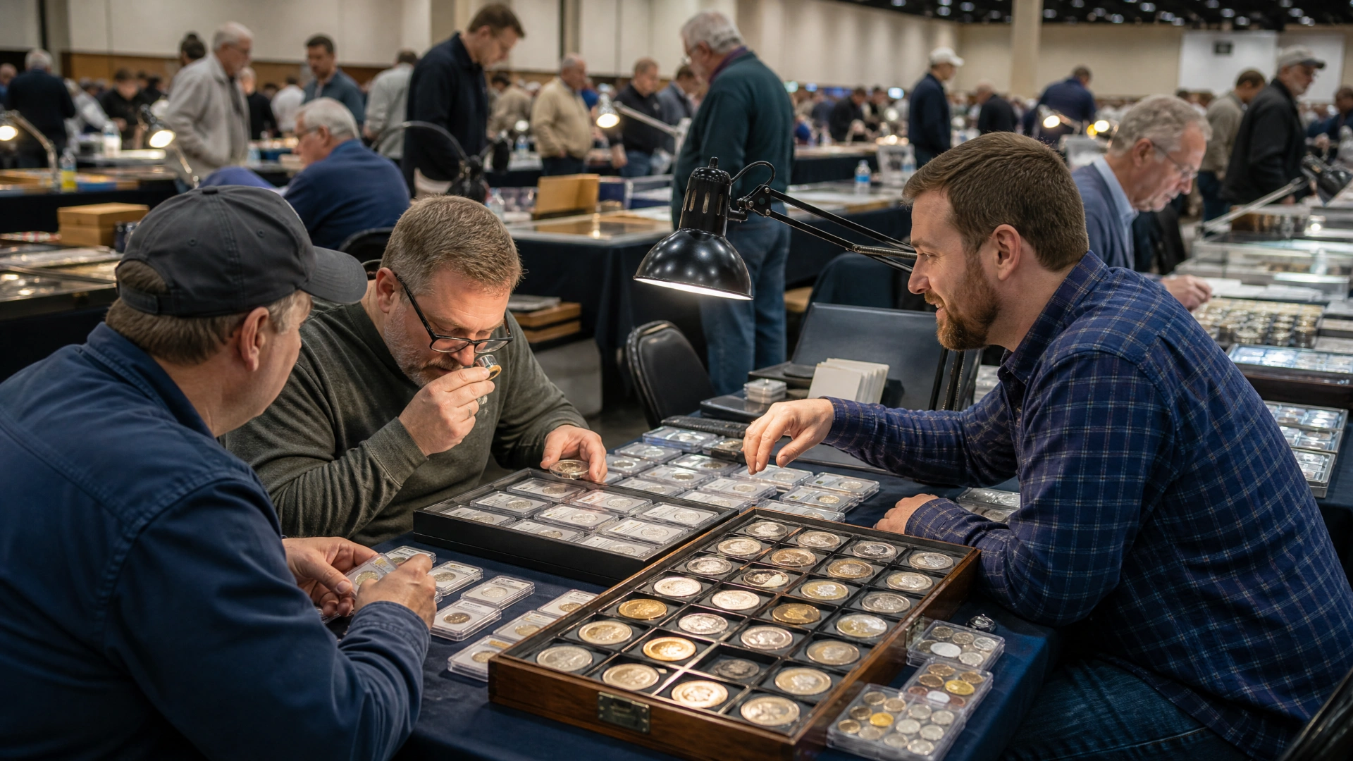 Collectors comparing coins with dealers at tables on a busy regional coin-show floor