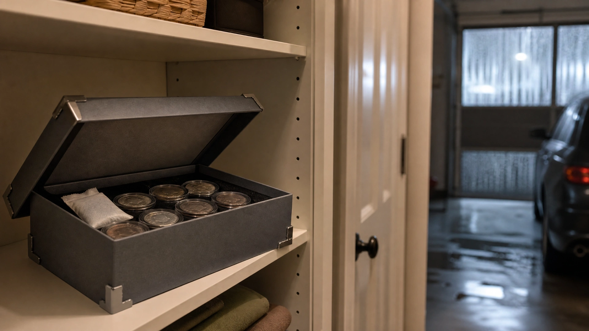 Coin capsules stored in a sealed archival box with a desiccant sachet in a dry interior closet