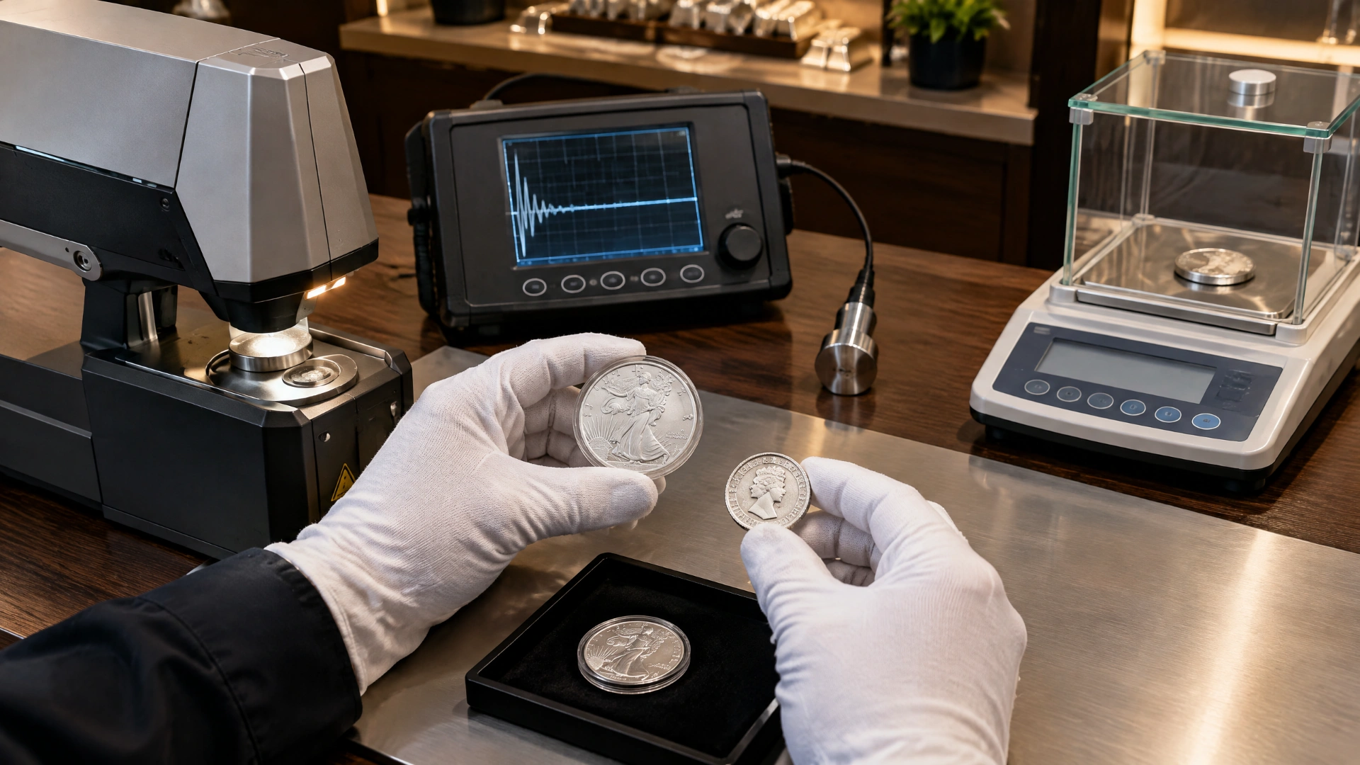 A technician testing silver pieces with X-ray fluorescence, ultrasound and a precision scale