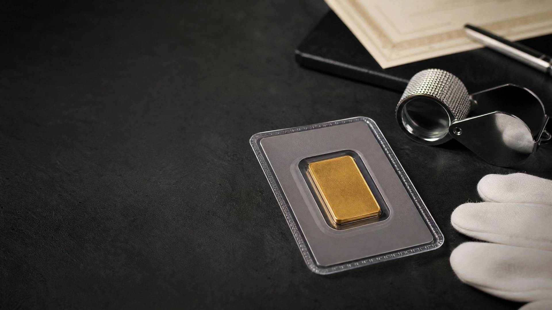 A sealed gold bar in an assay card on an inspection bench beside a loupe and gloves