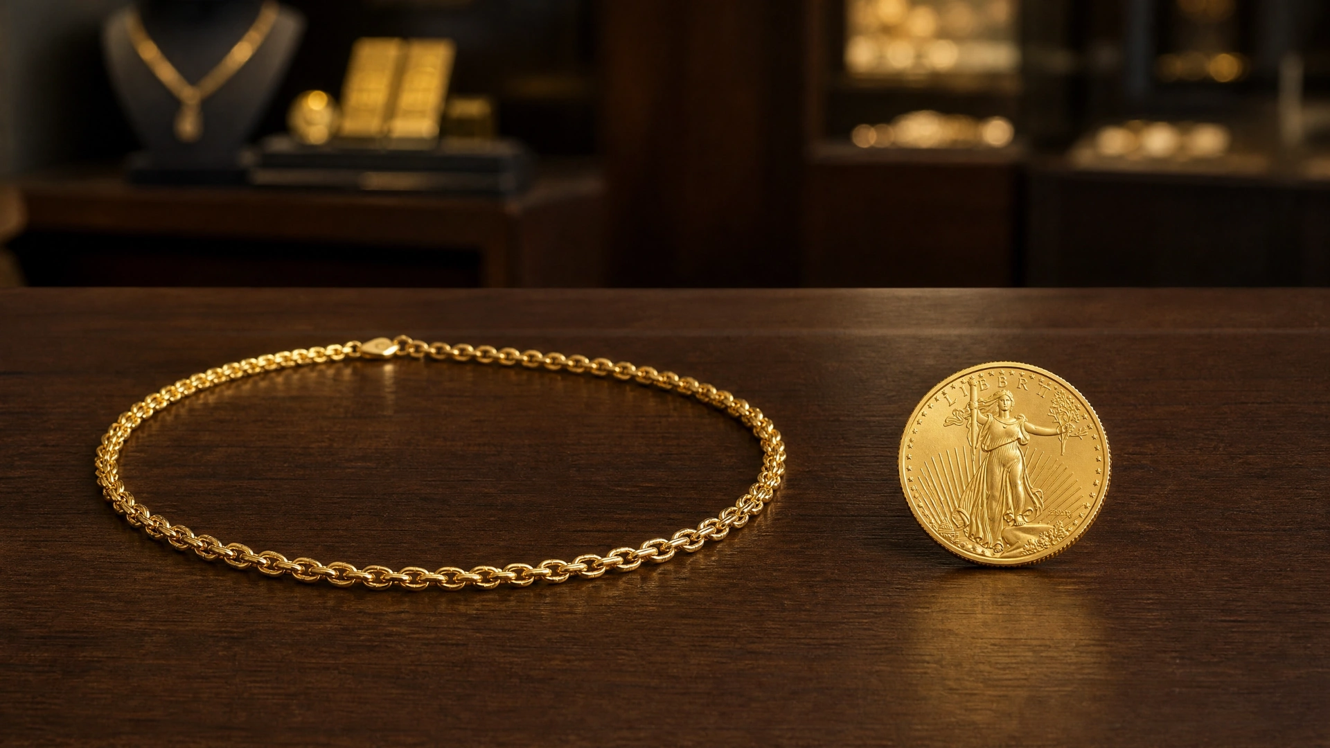 A gold chain and a one-ounce gold coin shown side by side on a precious-metals counter