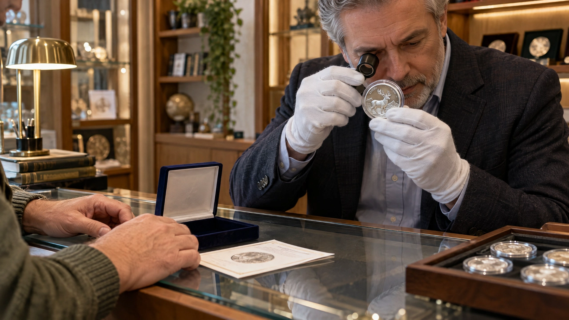 A coin specialist examines a capsule-protected collectible coin and its presentation materials at a shop counter