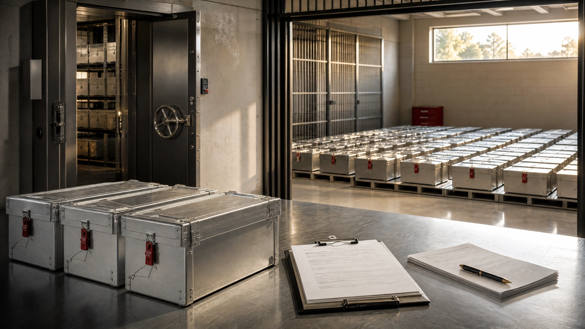 Organized secure storage containers and contract documents representing identification, delivery, and pooled goods under warehouse rules
