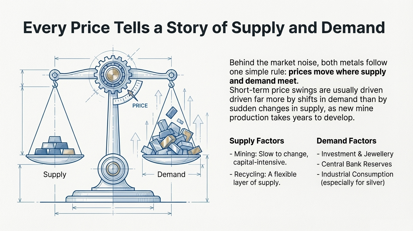 A graphic illustrating the concept of supply and demand, emphasizing how prices reflect market stories.