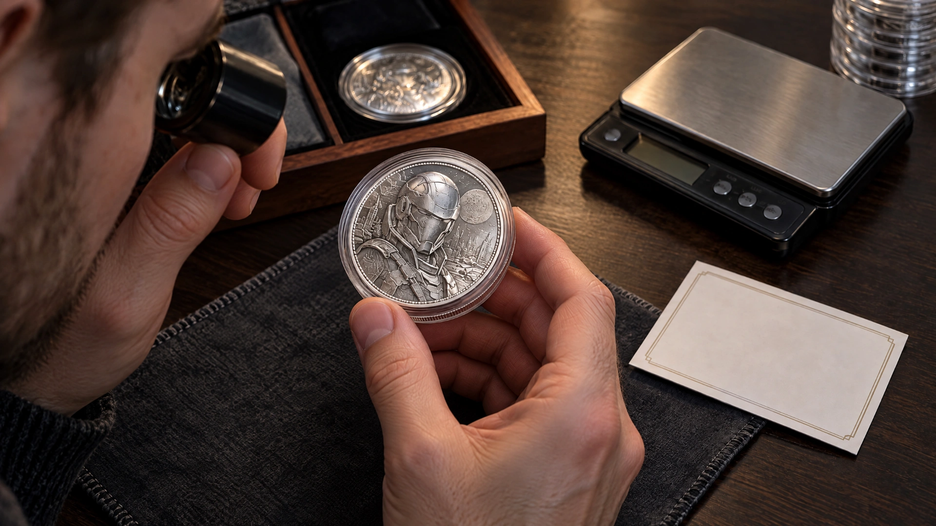 A collector examines a detailed silver coin with a loupe; a scale and certificate are nearby.