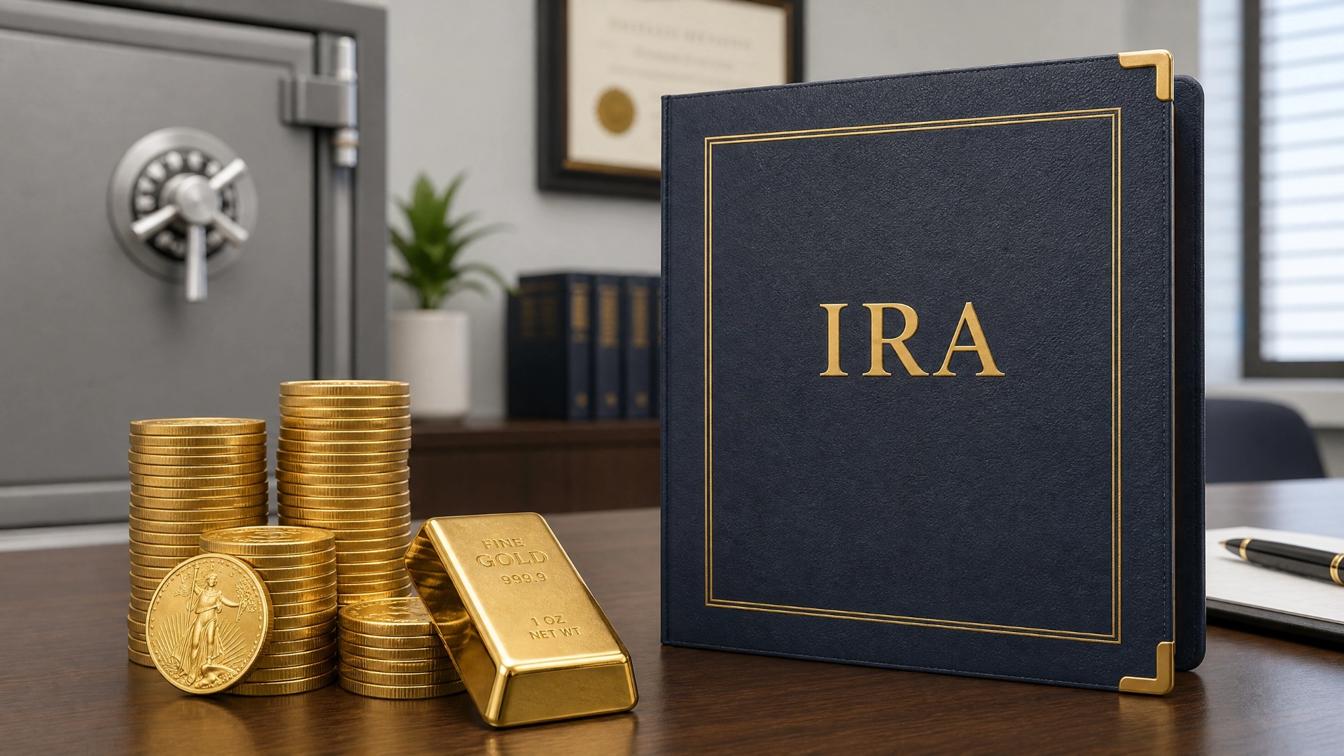 A stack of gold coins beside an IRA book on a wooden desk, symbolizing investment and financial planning.