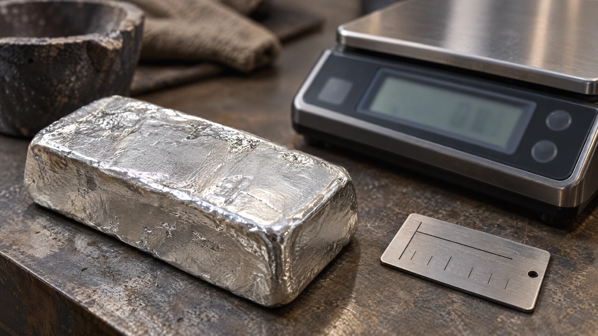 Hand-poured silver bar beside a precision digital scale, illustrating the difference between nominal size and measured weight