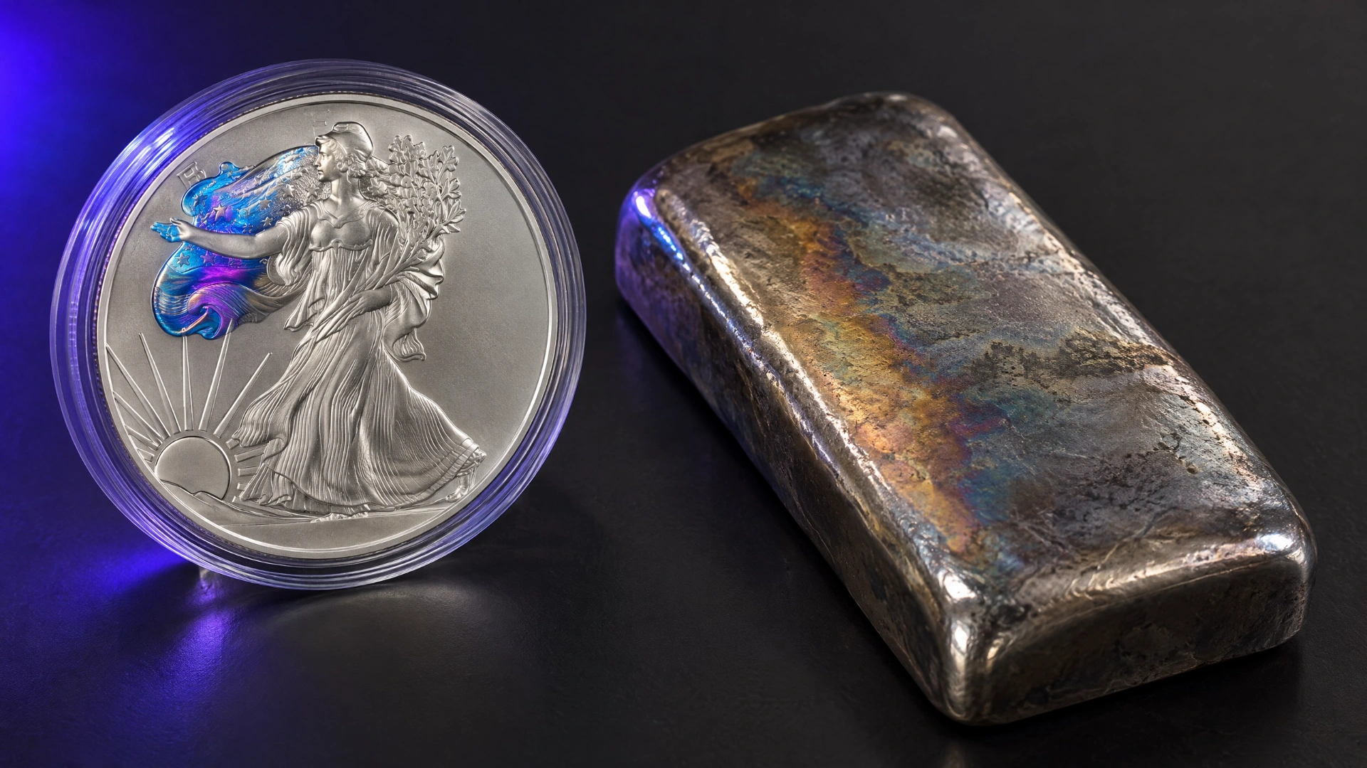 Capsuled silver collectible with colored coating beside a naturally toned hand-poured silver bar