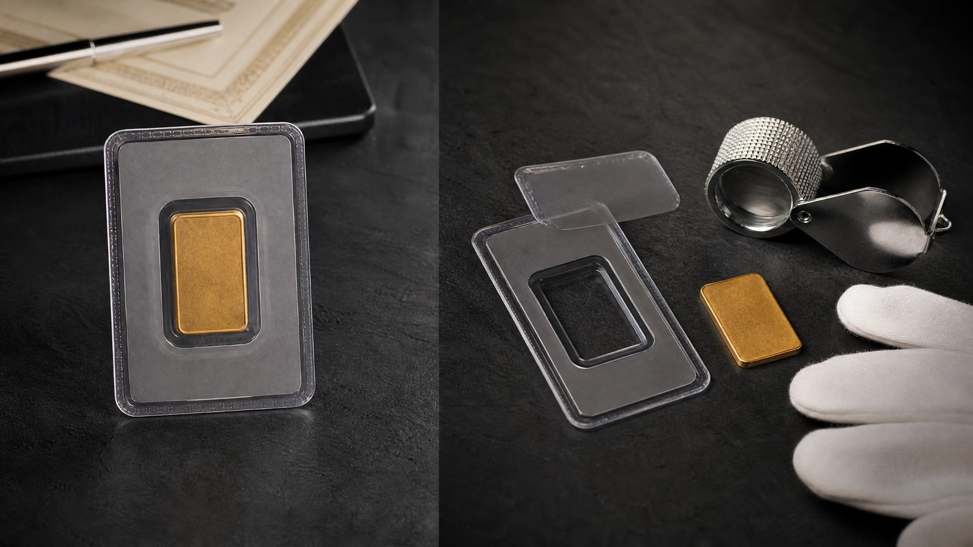 An intact assay card contrasted with an opened card and loose gold bar on a jeweler’s bench