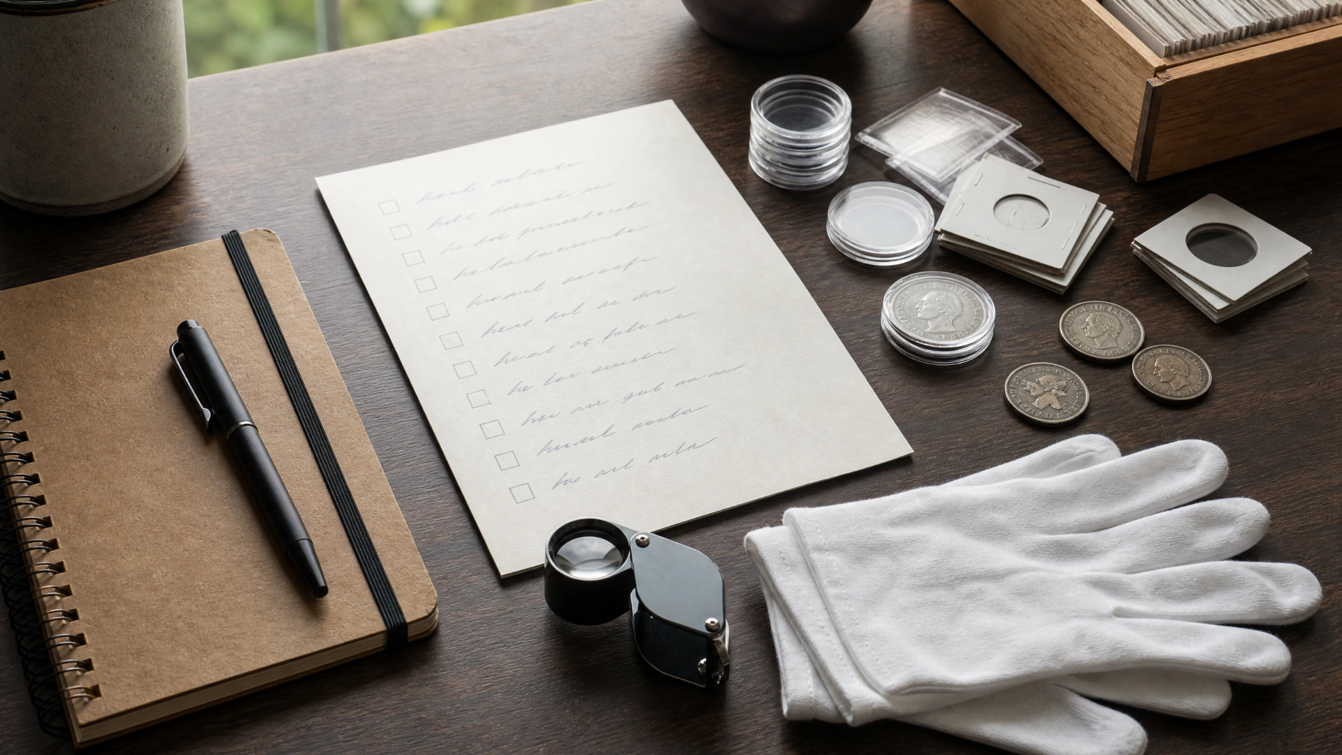 A coin-show packing setup with a checklist, loupe, protective capsules, flips, notebook, pen, and gloves