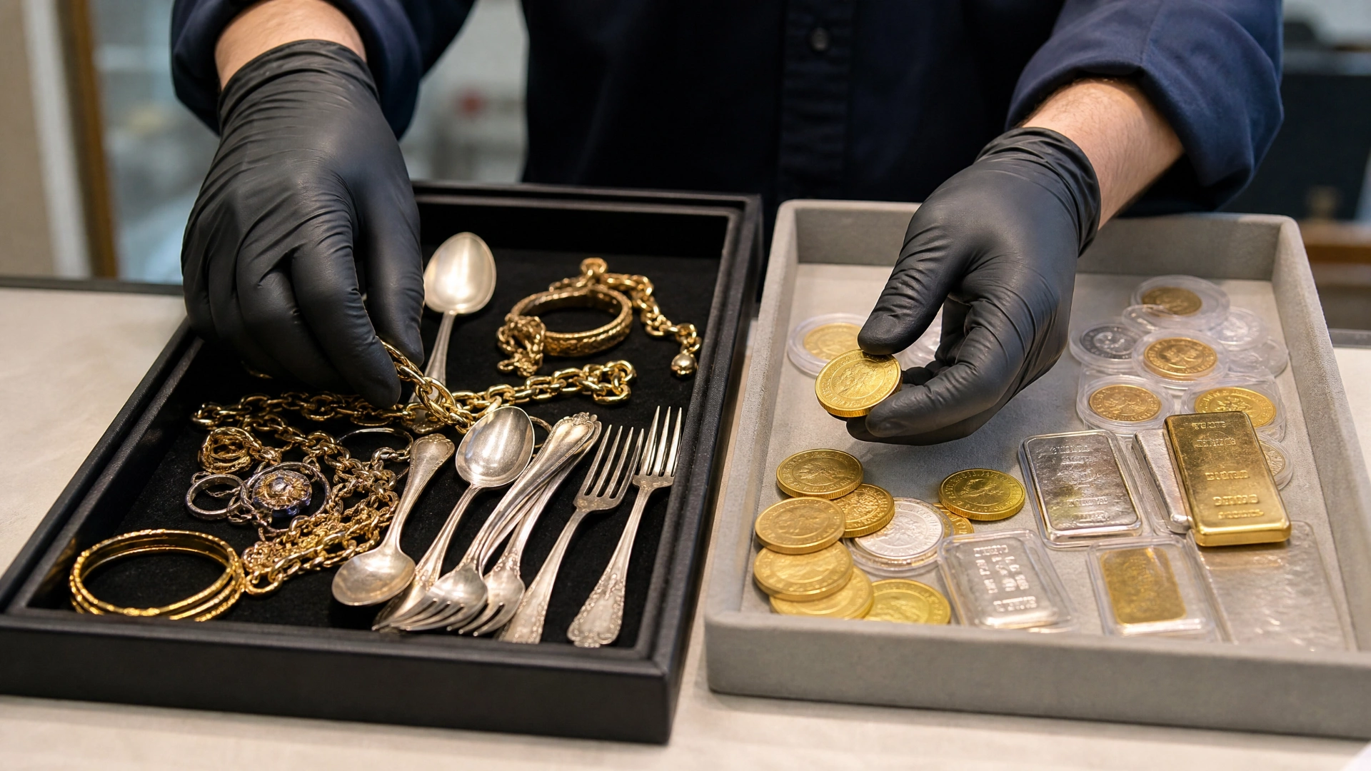 A dealer sorting jewelry, flatware, coins, and bullion bars into separate trays