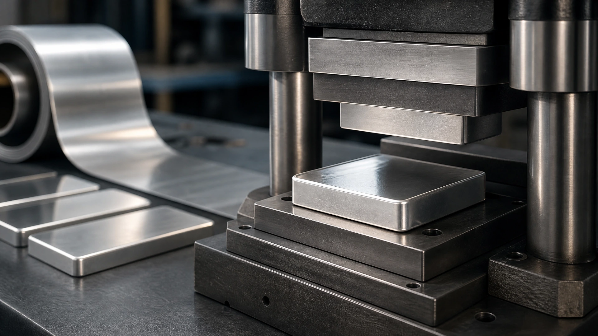 Precision press stamping a uniform minted silver bar from rolled silver strip