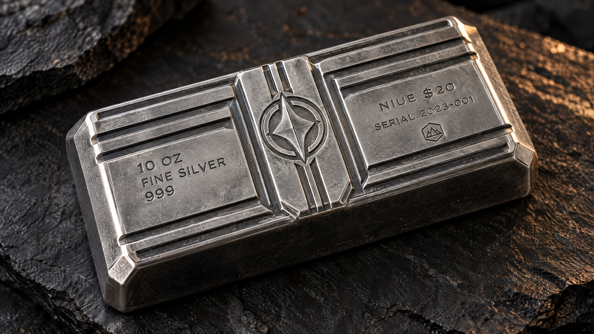 A ridged, antique-finish silver bar with engraved specifications, shown at an angle.
