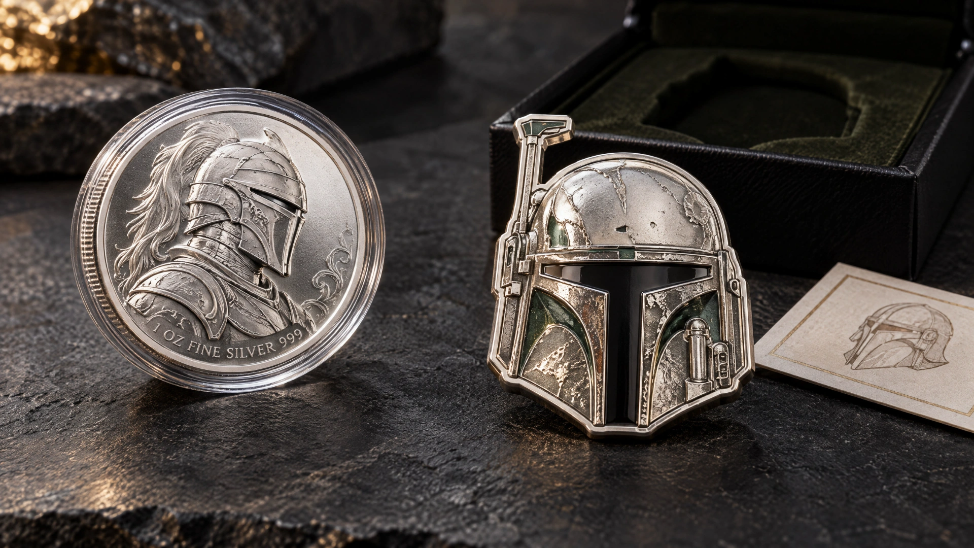 A finished silver bullion-style coin beside a shaped, helmet-inspired collector coin and presentation packaging.