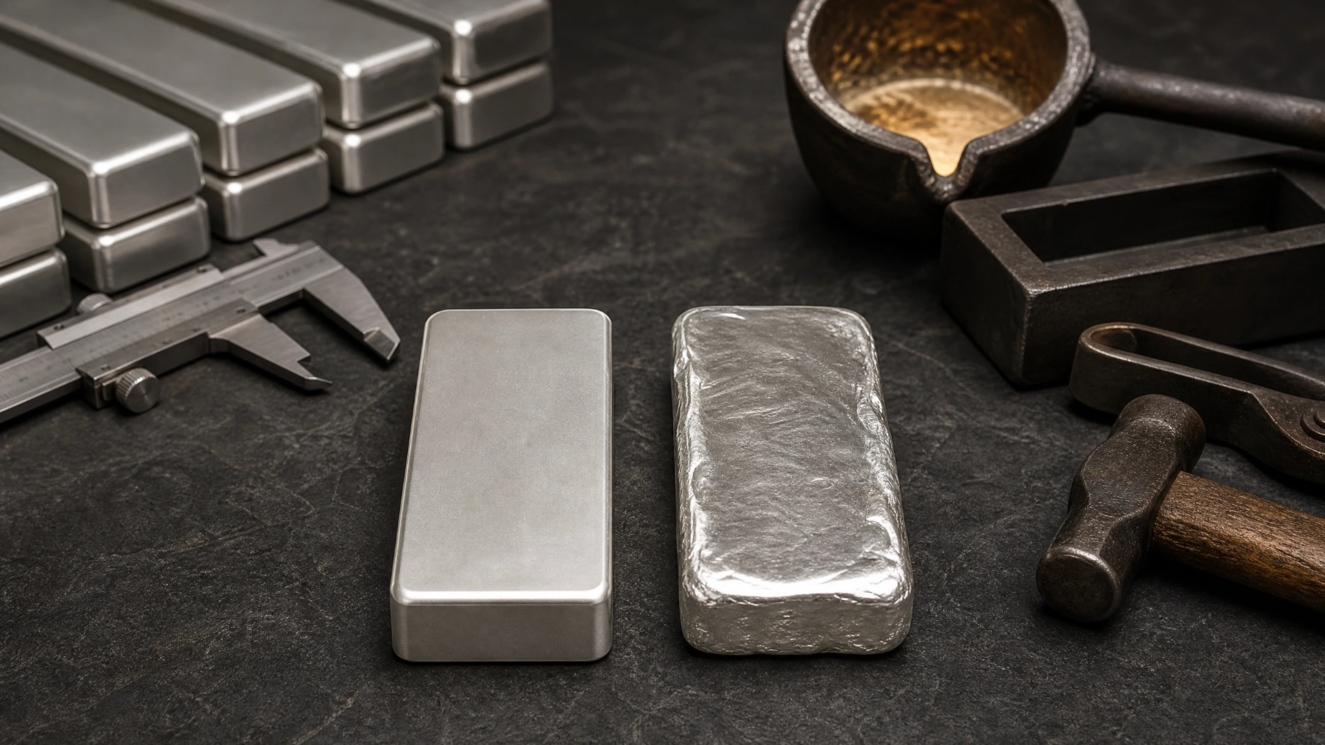 Uniform minted silver bar and irregular hand-poured silver bar shown side by side