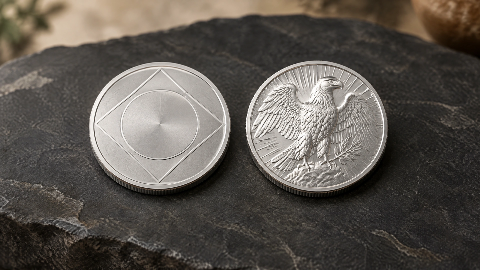 A privately minted silver round beside a sovereign-style silver bullion coin