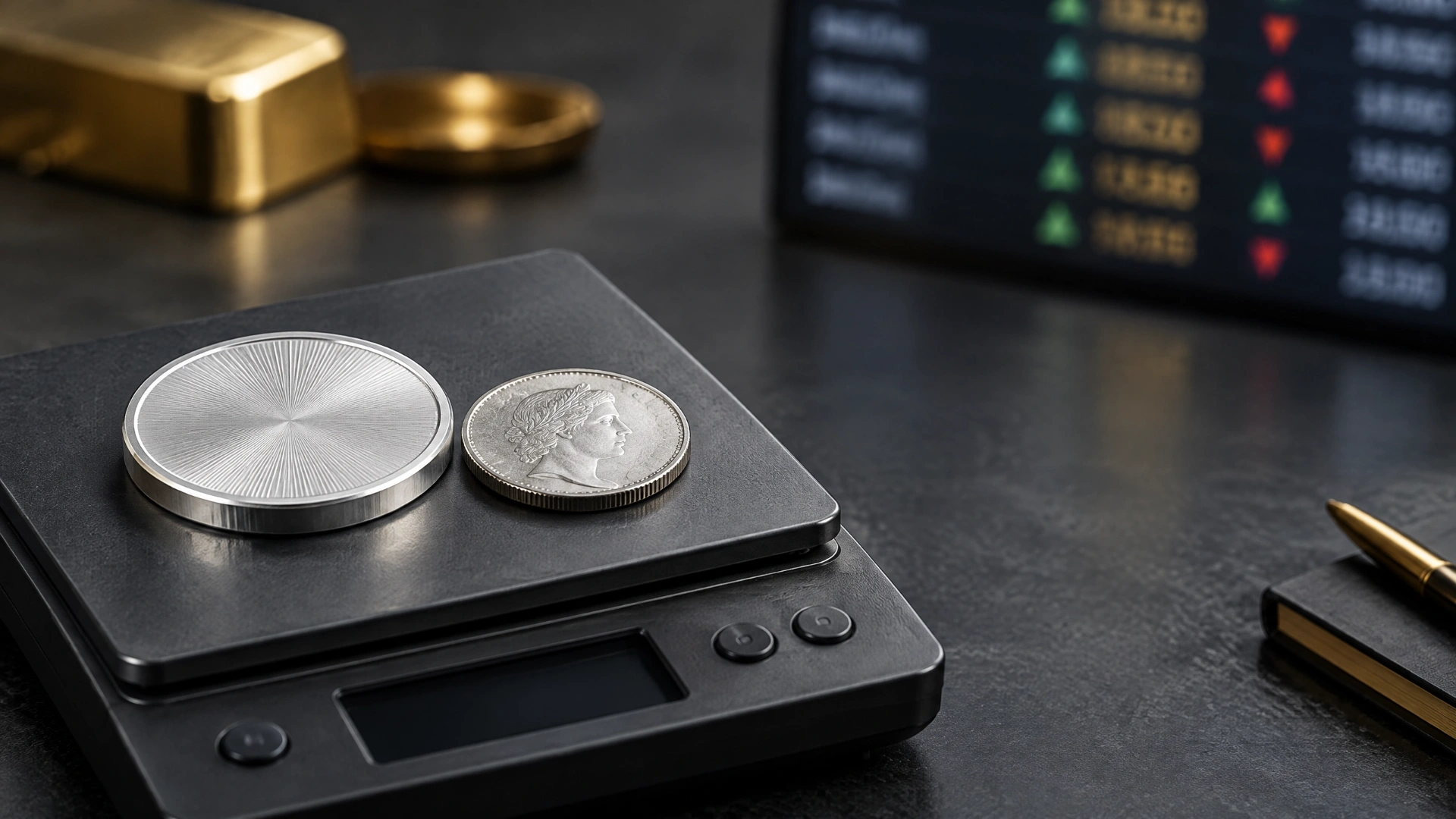 A generic silver round and a plain bullion coin resting on a jeweler's scale beside a softly blurred market price display.