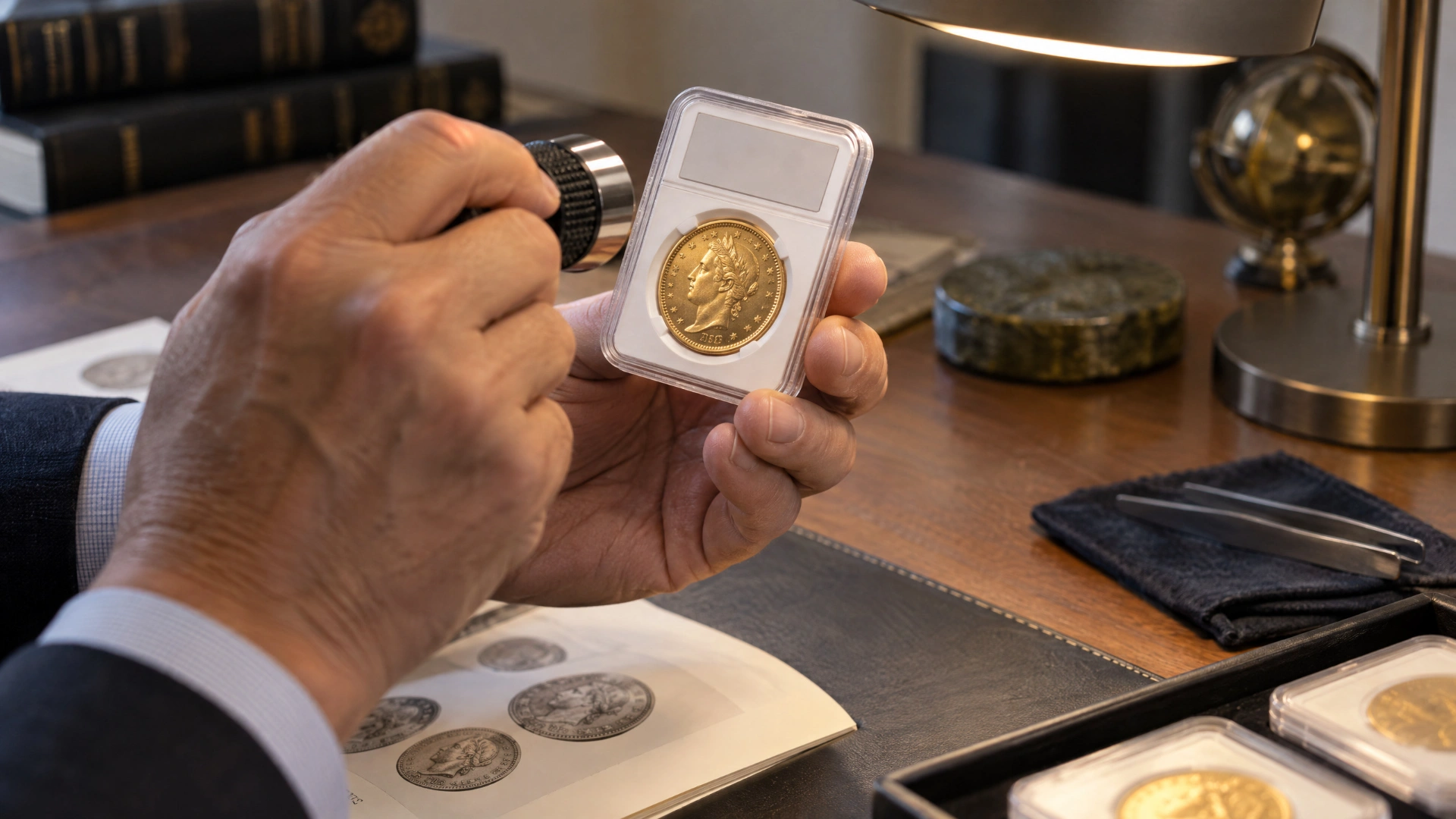 A coin specialist examining a historic gold coin in a clear holder with a jeweler’s loupe
