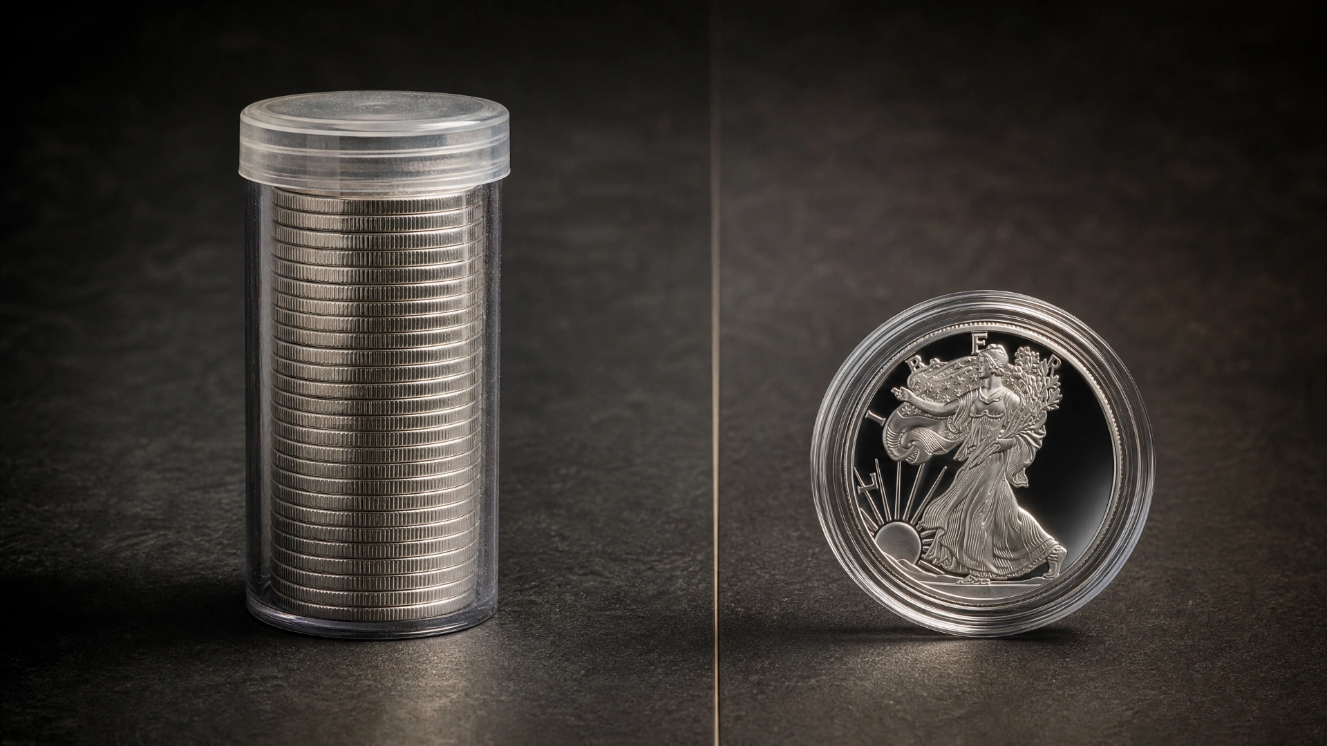 A stack of bullion coins in a tube compared with a single pristine coin isolated in a rigid capsule