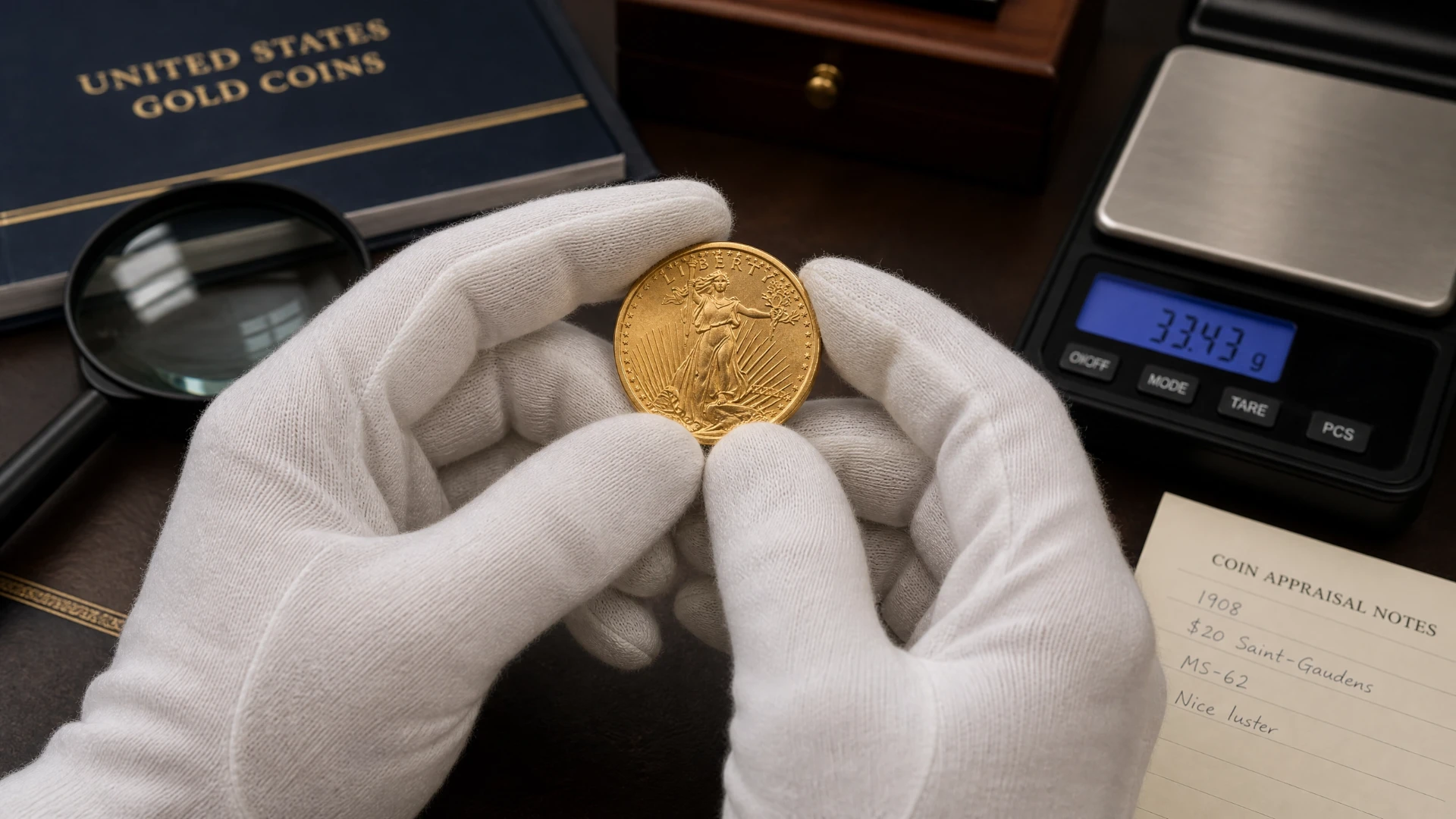 Professional Coin Appraisal Process with Magnifying Glass and Scale