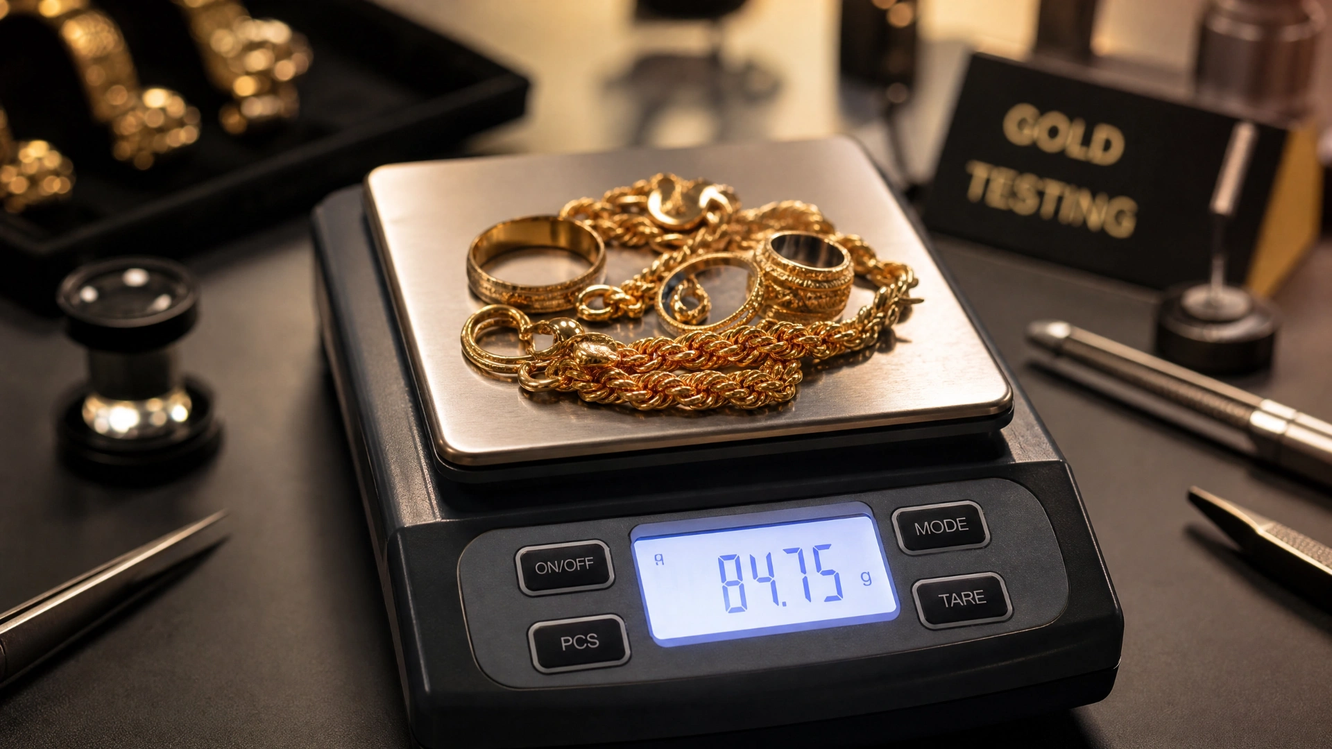 Gold jewelry pieces being weighed and tested on a professional digital scale in a clean evaluation workspace