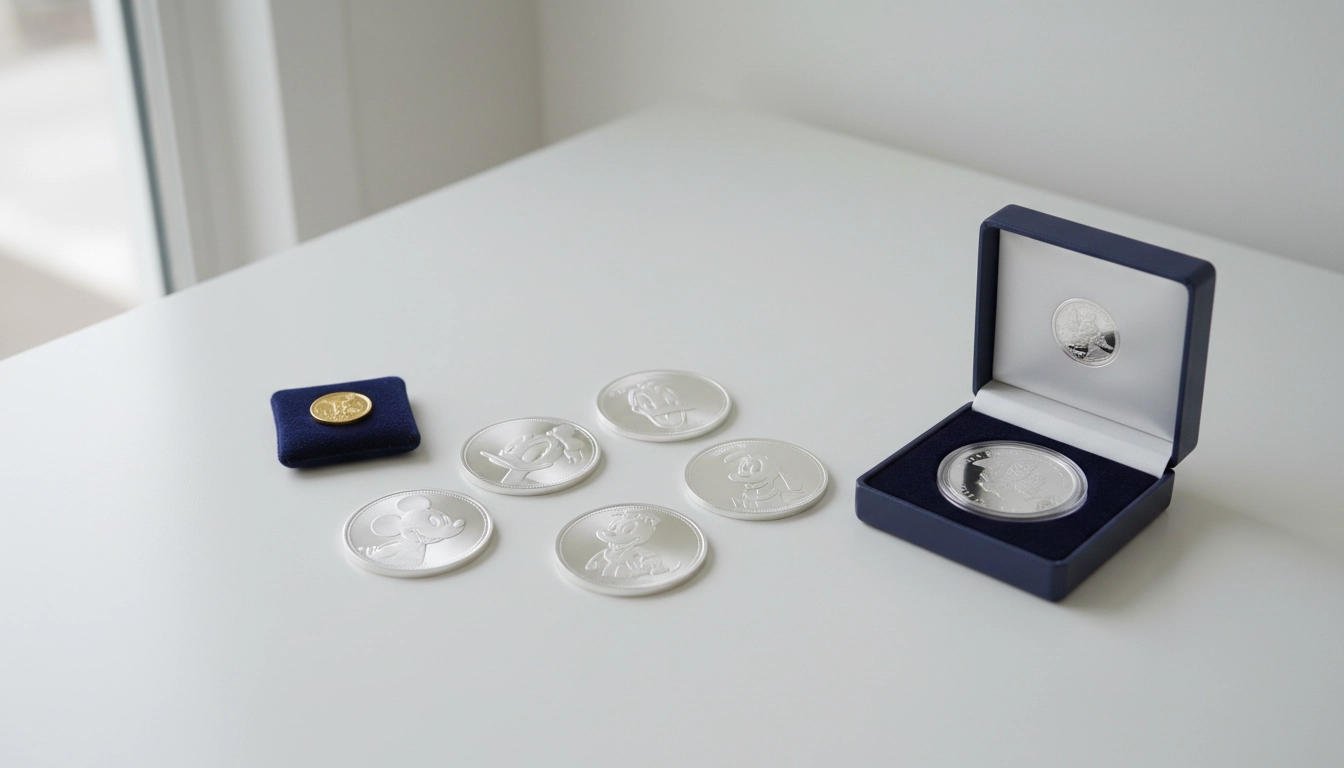 Beginner-friendly Disney silver rounds, fractional gold coin, and proof set on a clean surface